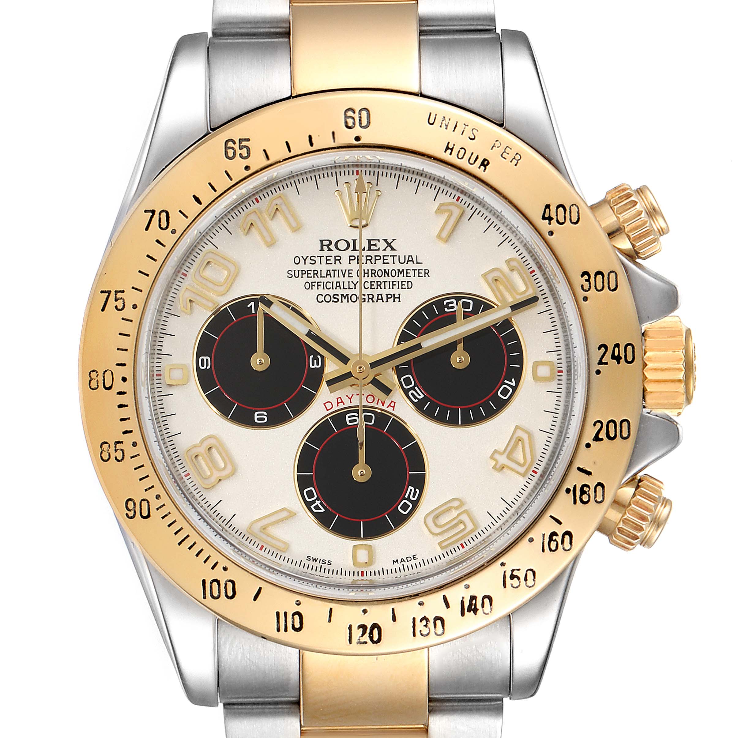 This image shows a frontal view of the Rolex Daytona 116523 Men's Steel and Gold (two tone) Silver Dial 116523 Men's Steel and Gold (two tone) Silver Dial model, highlighting its bezel, crown, subdials, and markers.