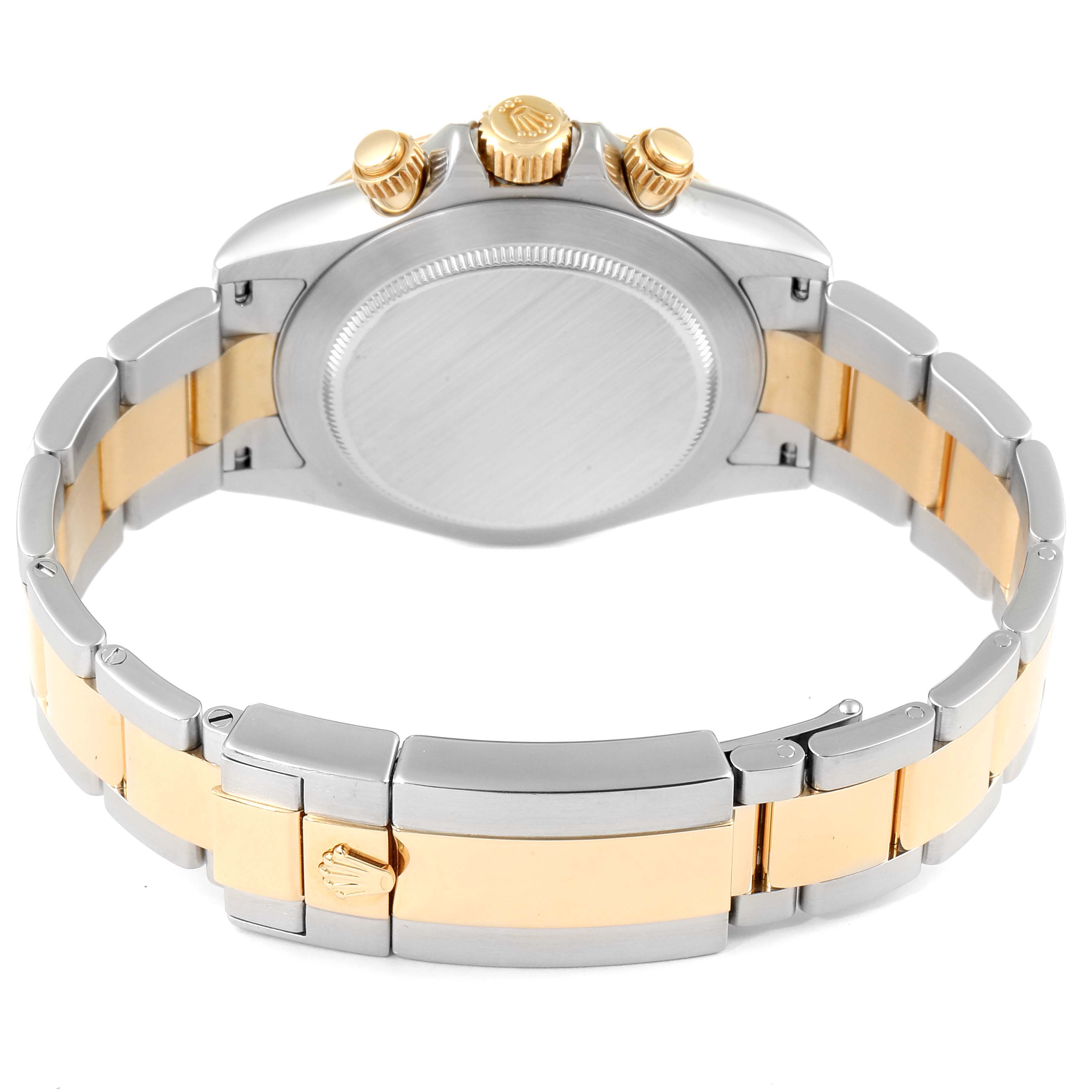 This image shows the back side and strap of a Rolex Daytona 116523 Men's Steel and Gold (two tone) Silver Dial 116523 Men's Steel and Gold (two tone) Silver Dial watch, highlighting the clasp and crown.