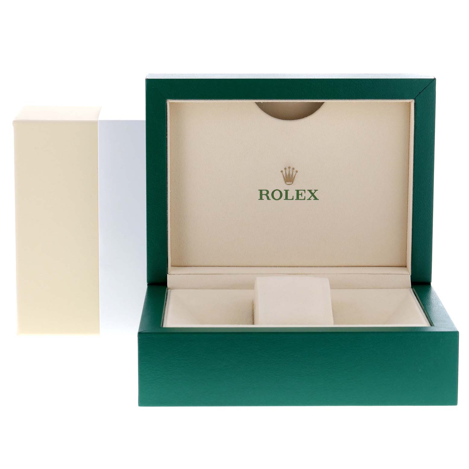 This image shows an open green Rolex Daytona 116523 Men's Steel and Gold (two tone) Silver Dial 116523 Men's Steel and Gold (two tone) Silver Dial watch box with beige interior and Rolex branding.