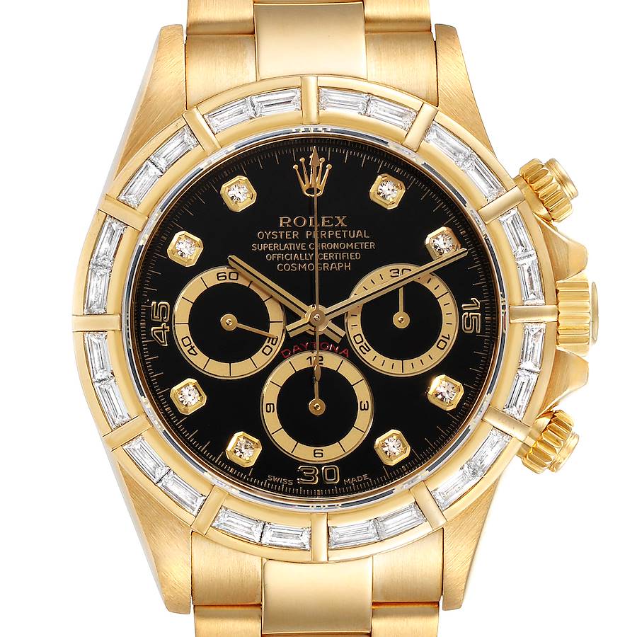 Rolex Daytona Yellow Gold Diamond Dial Bezel Chronograph Mens Watch 16568 SwissWatchExpo