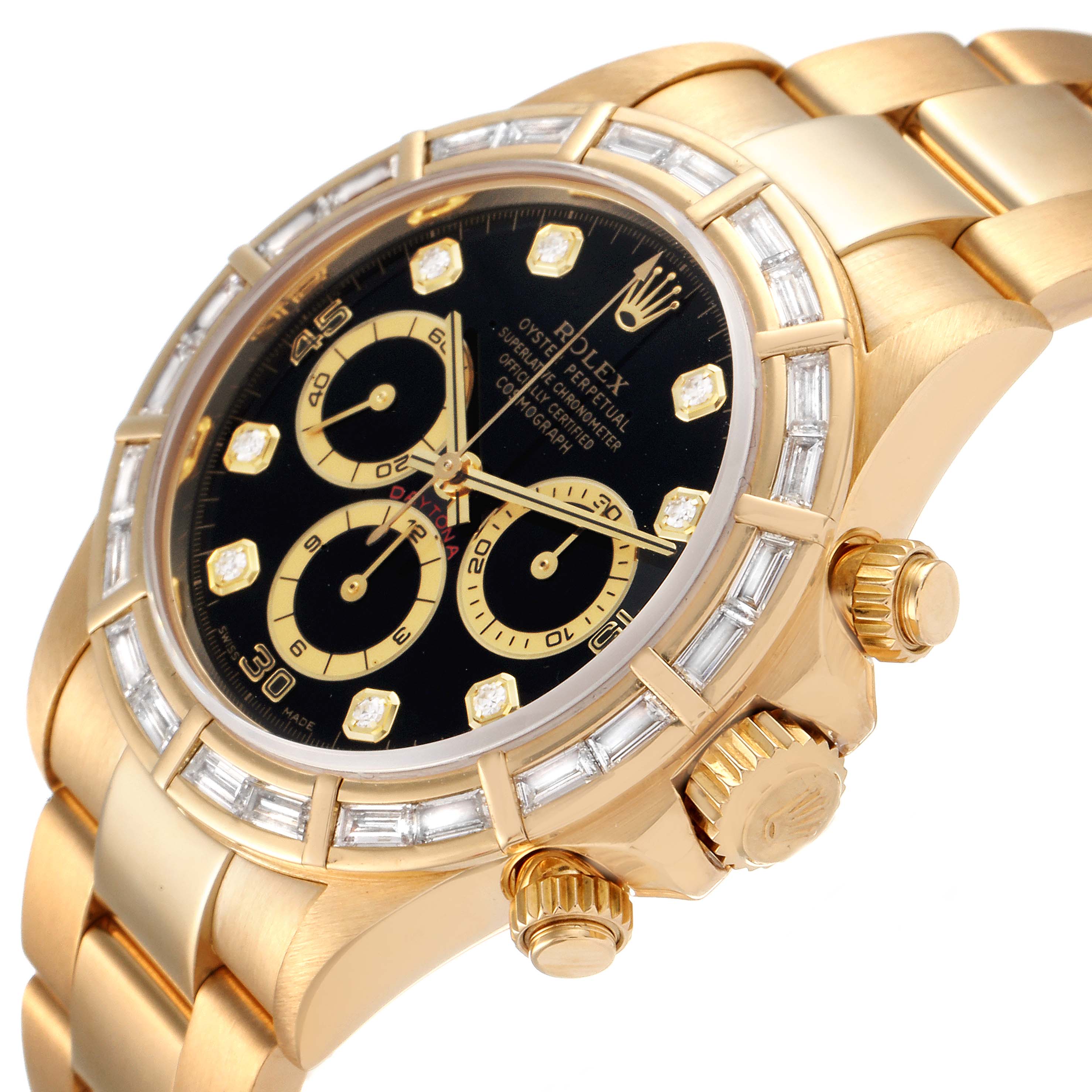 The image shows a close-up angle of the Rolex Daytona 16568 Men's Yellow Gold Black Dial 16568 Men's Yellow Gold Black Dial watch, highlighting the dial, bezel, and crown.