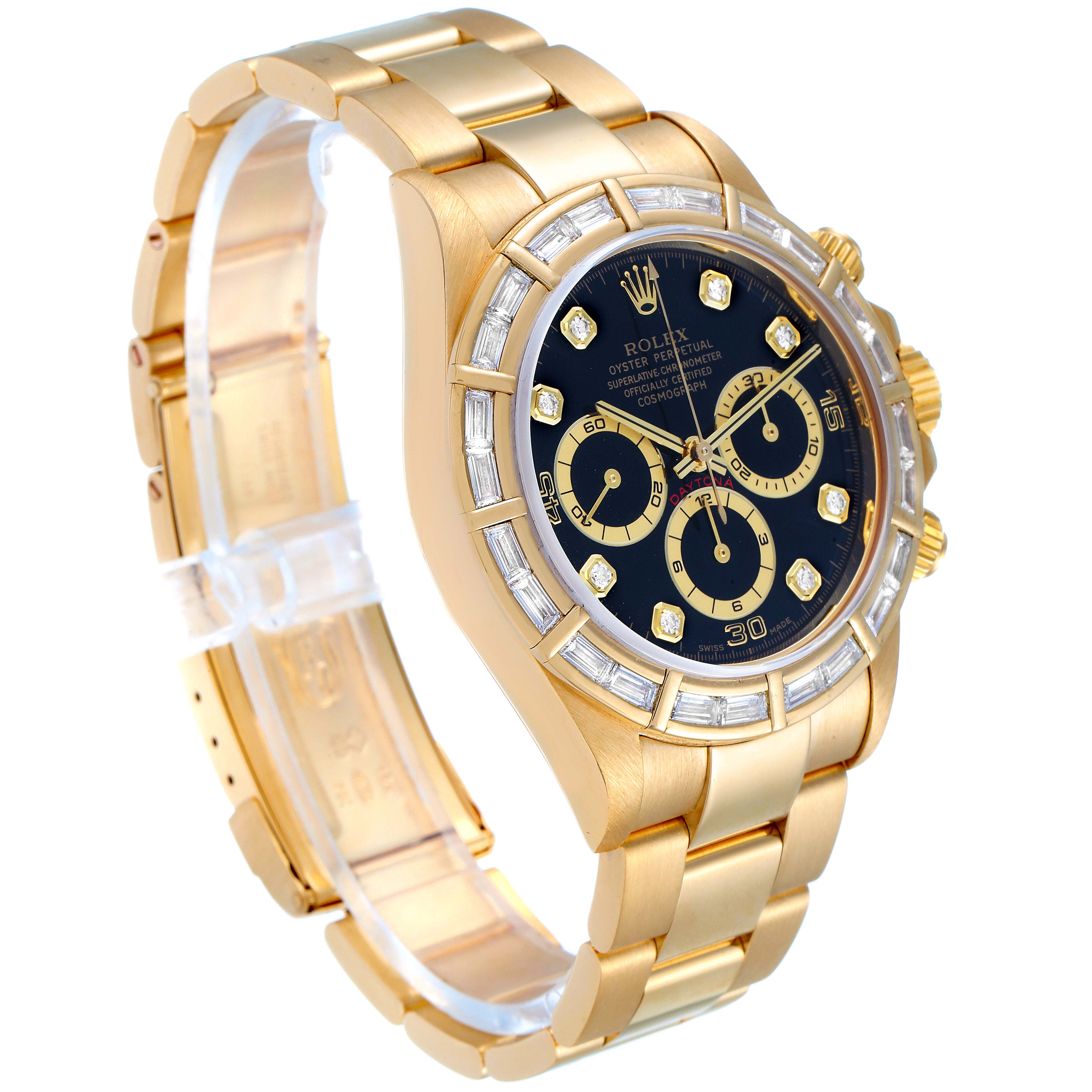 This image shows a Rolex Daytona 16568 Men's Yellow Gold Black Dial 16568 Men's Yellow Gold Black Dial watch at an angle highlighting the bracelet, case, dial, and bezel.