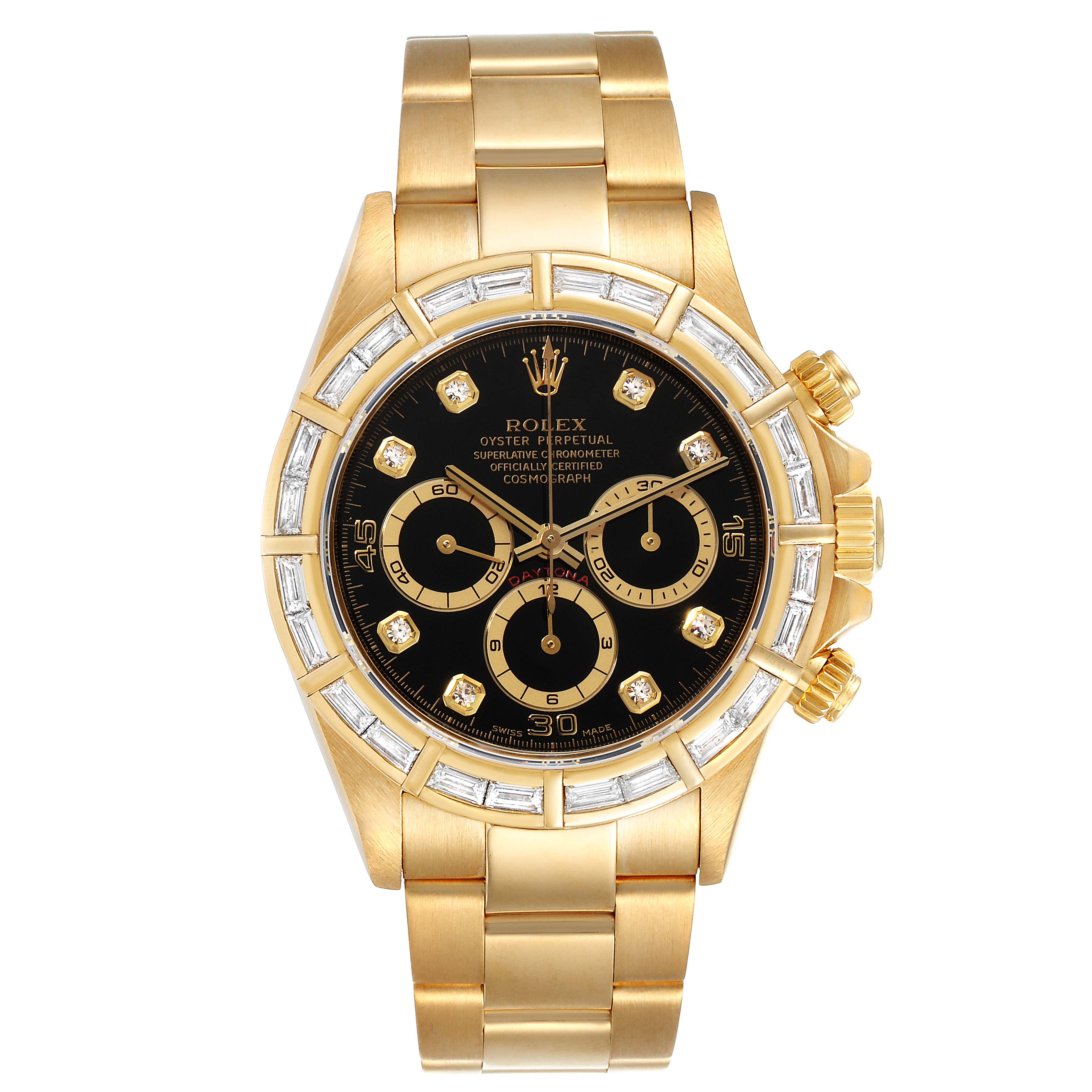 This image shows a front view of a Rolex Daytona 16568 Men's Yellow Gold Black Dial 16568 Men's Yellow Gold Black Dial watch, showcasing its gold bracelet, black dial, and chronograph sub-dials.
