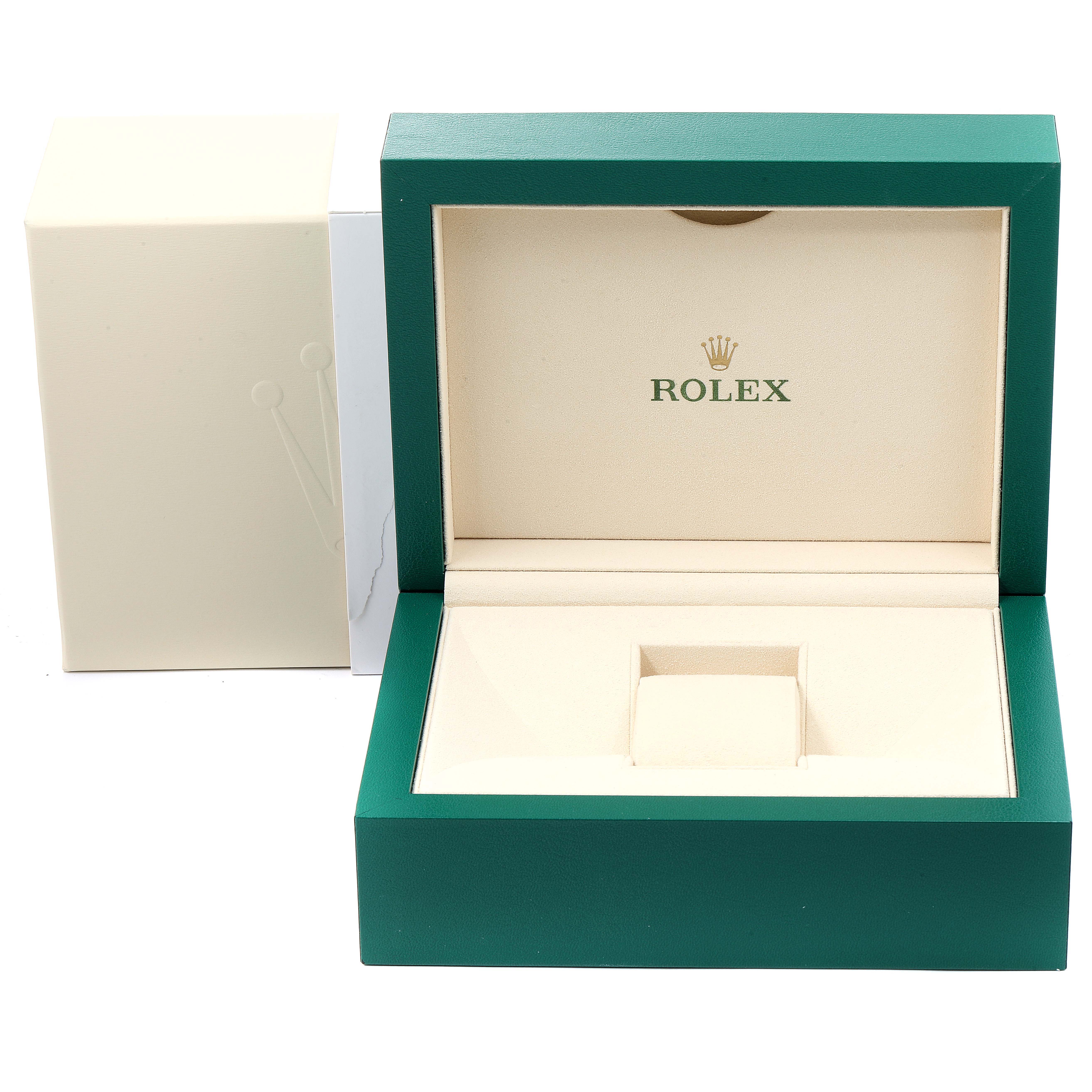 The image shows an open green and beige Rolex Daytona 116523 Men's Steel and Gold (two tone) Mother of Pearl Dial 116523 Men's Steel and Gold (two tone) Mother of Pearl Dial watch box with its outer packaging.