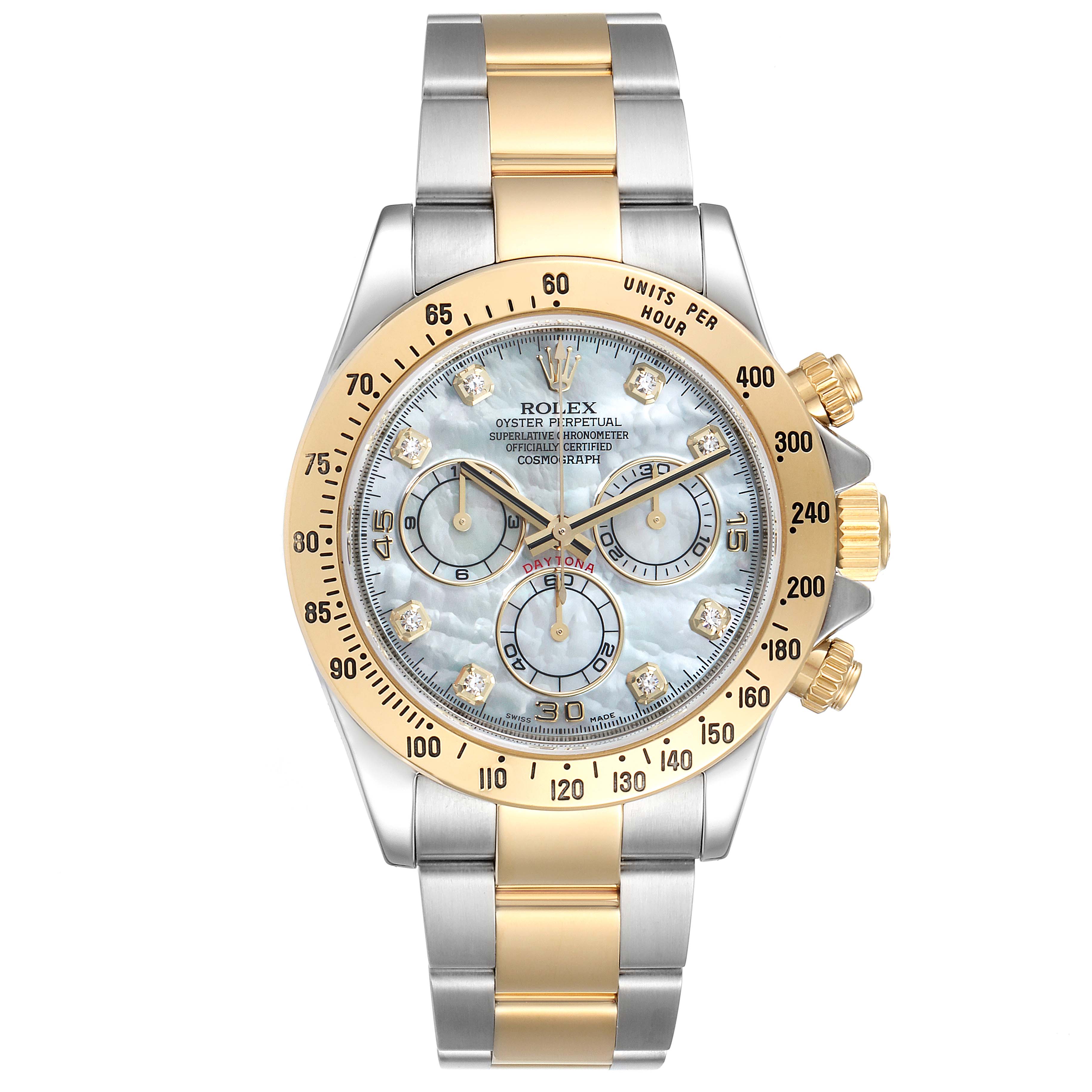 The image shows a frontal view of the Rolex Daytona 116523 Men's Steel and Gold (two tone) Mother of Pearl Dial 116523 Men's Steel and Gold (two tone) Mother of Pearl Dial watch, highlighting its dial, bezel, and metal bracelet.