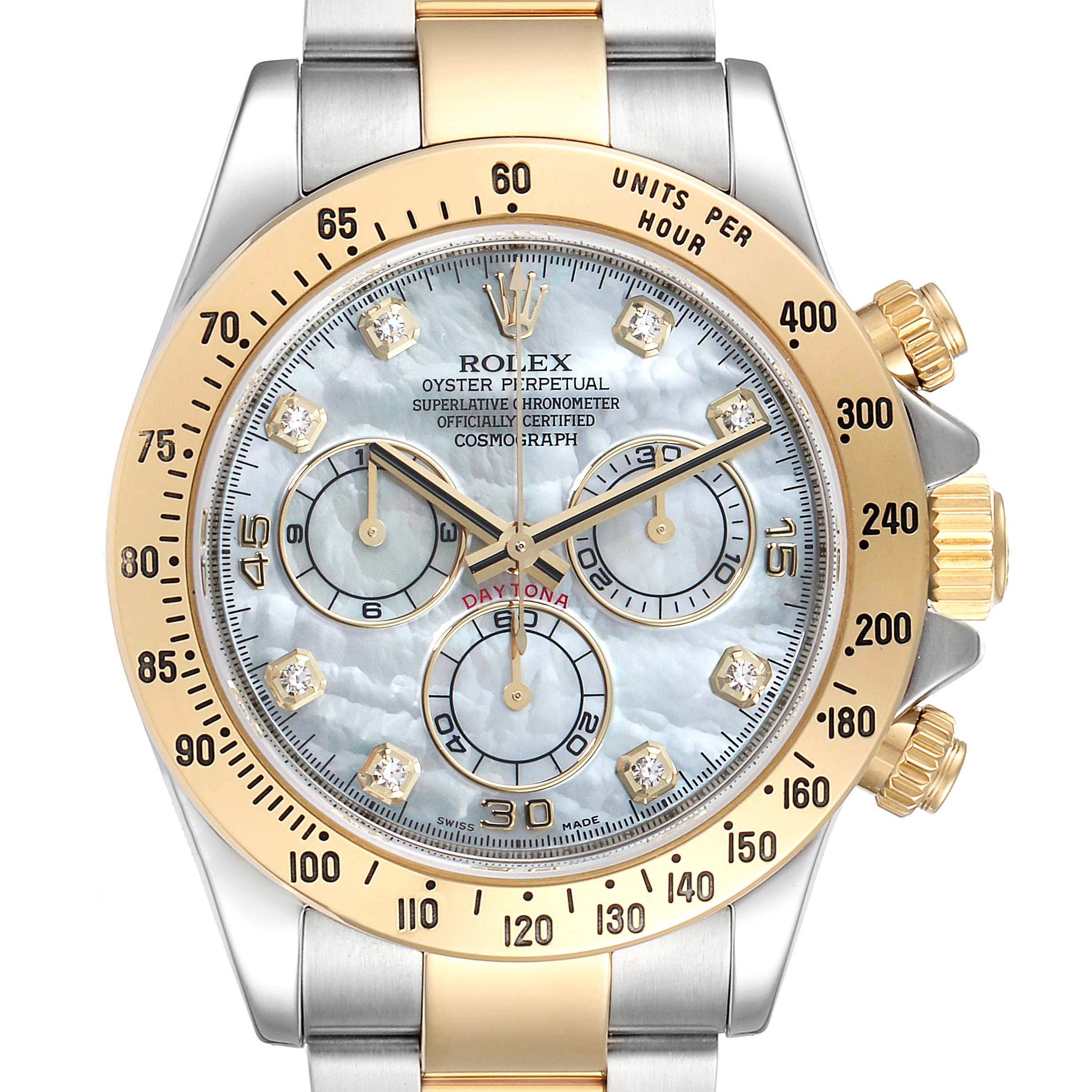 This image shows a frontal view of a Rolex Daytona 116523 Men's Steel and Gold (two tone) Mother of Pearl Dial 116523 Men's Steel and Gold (two tone) Mother of Pearl Dial watch, highlighting the dial, bezel, and chronograph sub-dials.
