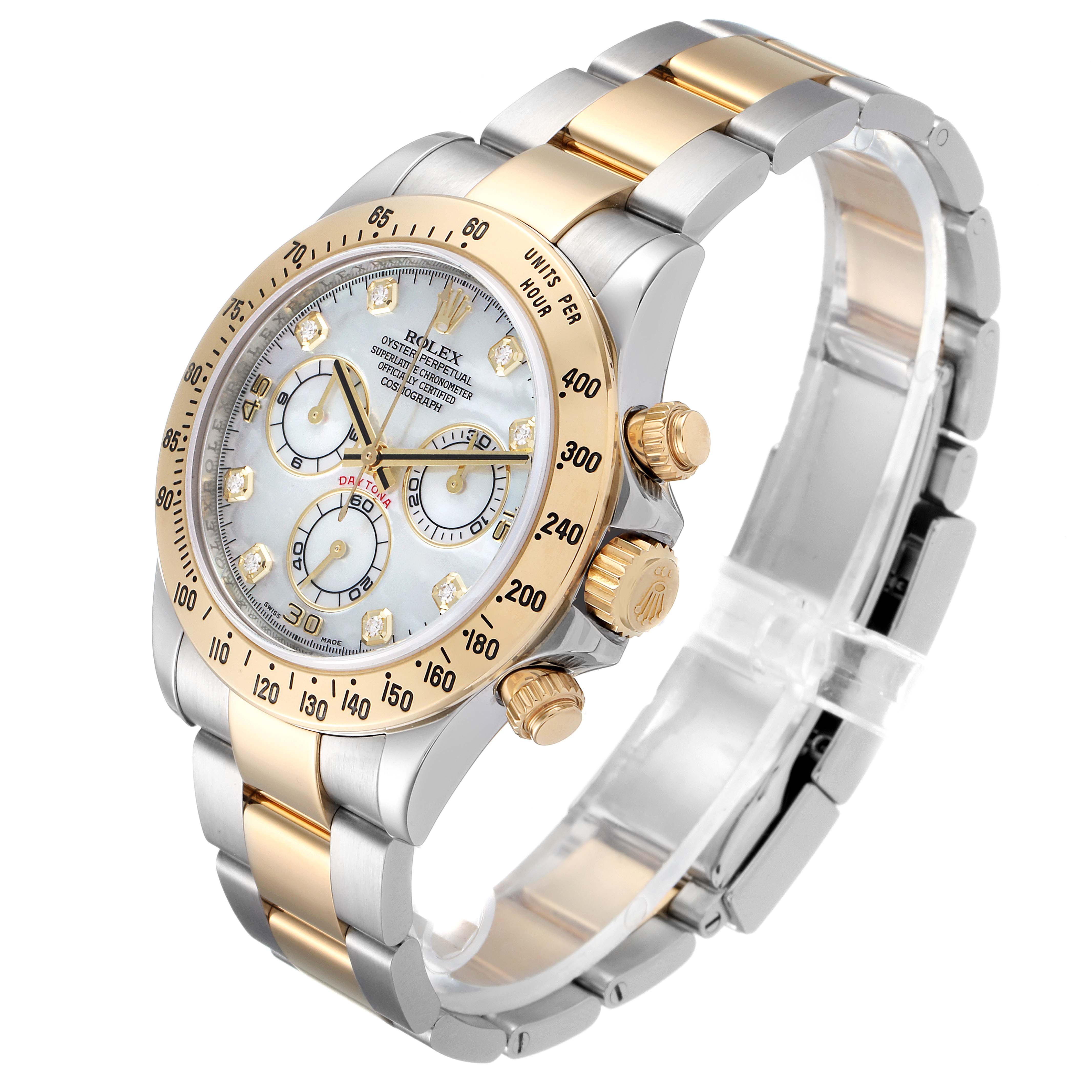 The Rolex Daytona 116523 Men's Steel and Gold (two tone) Mother of Pearl Dial 116523 Men's Steel and Gold (two tone) Mother of Pearl Dial watch is shown at a slight angle, highlighting its dial, bezel, pushers, and two-tone bracelet.