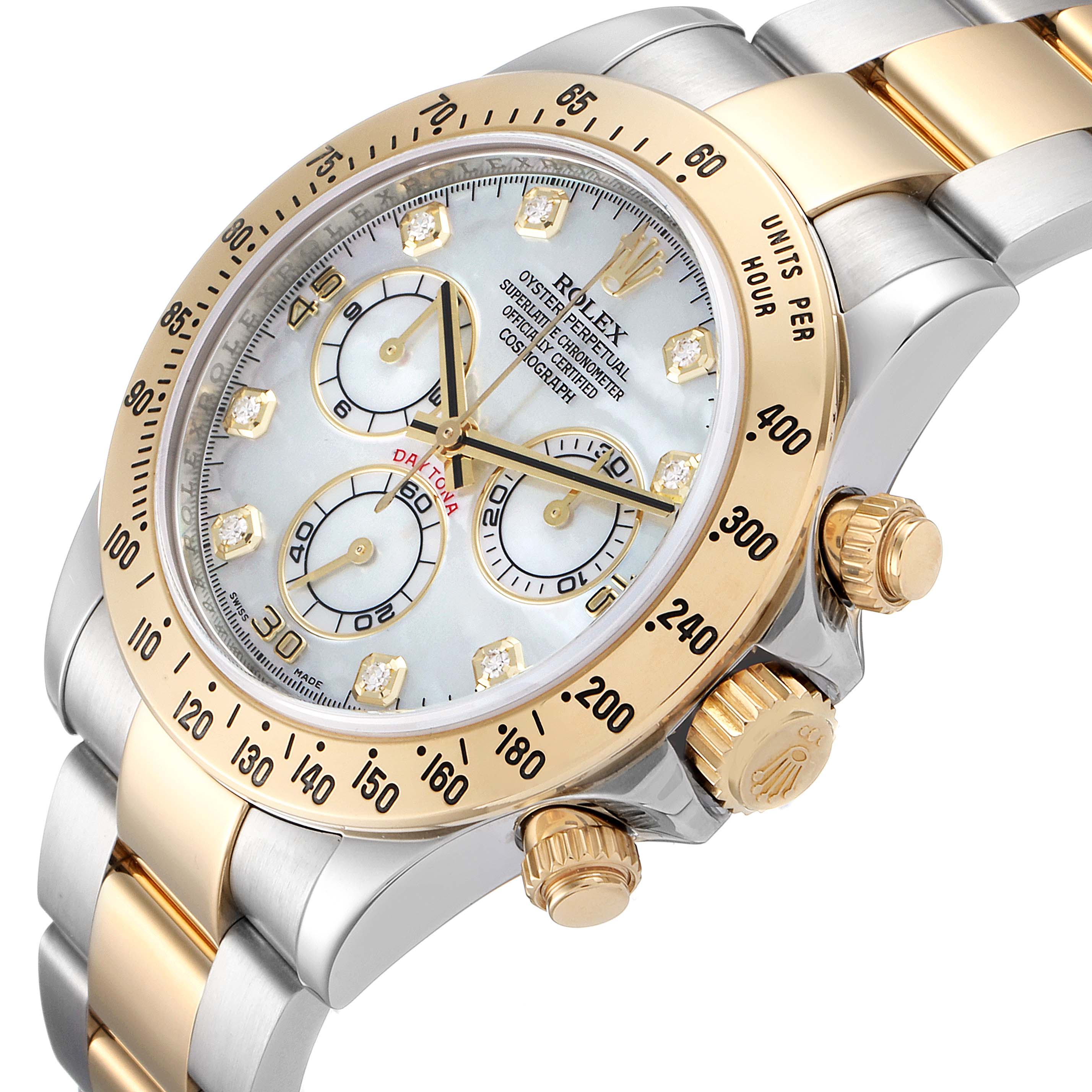 The image shows a close-up angled view of a Rolex Daytona 116523 Men's Steel and Gold (two tone) Mother of Pearl Dial 116523 Men's Steel and Gold (two tone) Mother of Pearl Dial watch, highlighting its face, bezel, and part of the bracelet.