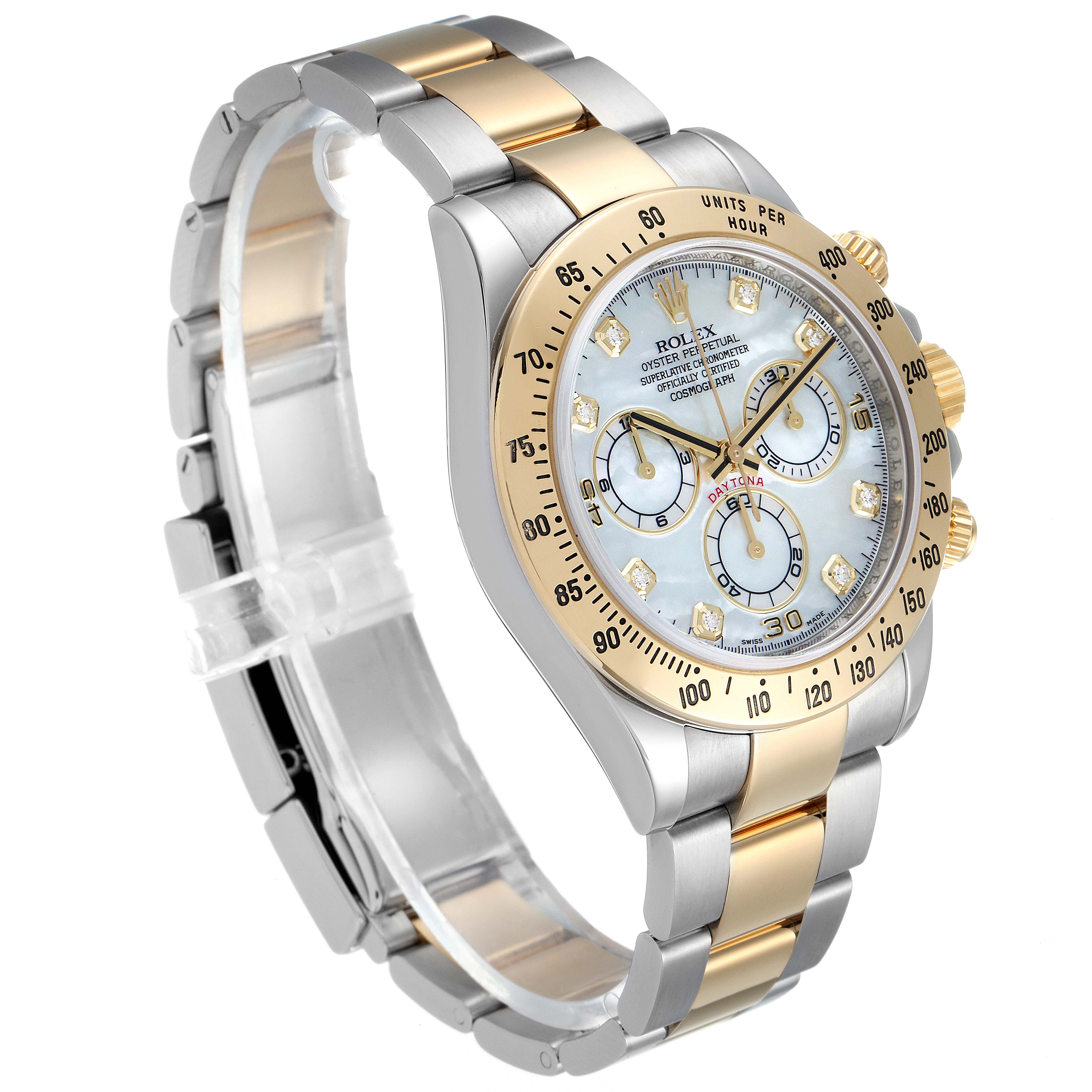 The image shows a three-quarter view of a Rolex Daytona 116523 Men's Steel and Gold (two tone) Mother of Pearl Dial 116523 Men's Steel and Gold (two tone) Mother of Pearl Dial watch, highlighting the dial, bezel, and two-tone bracelet.