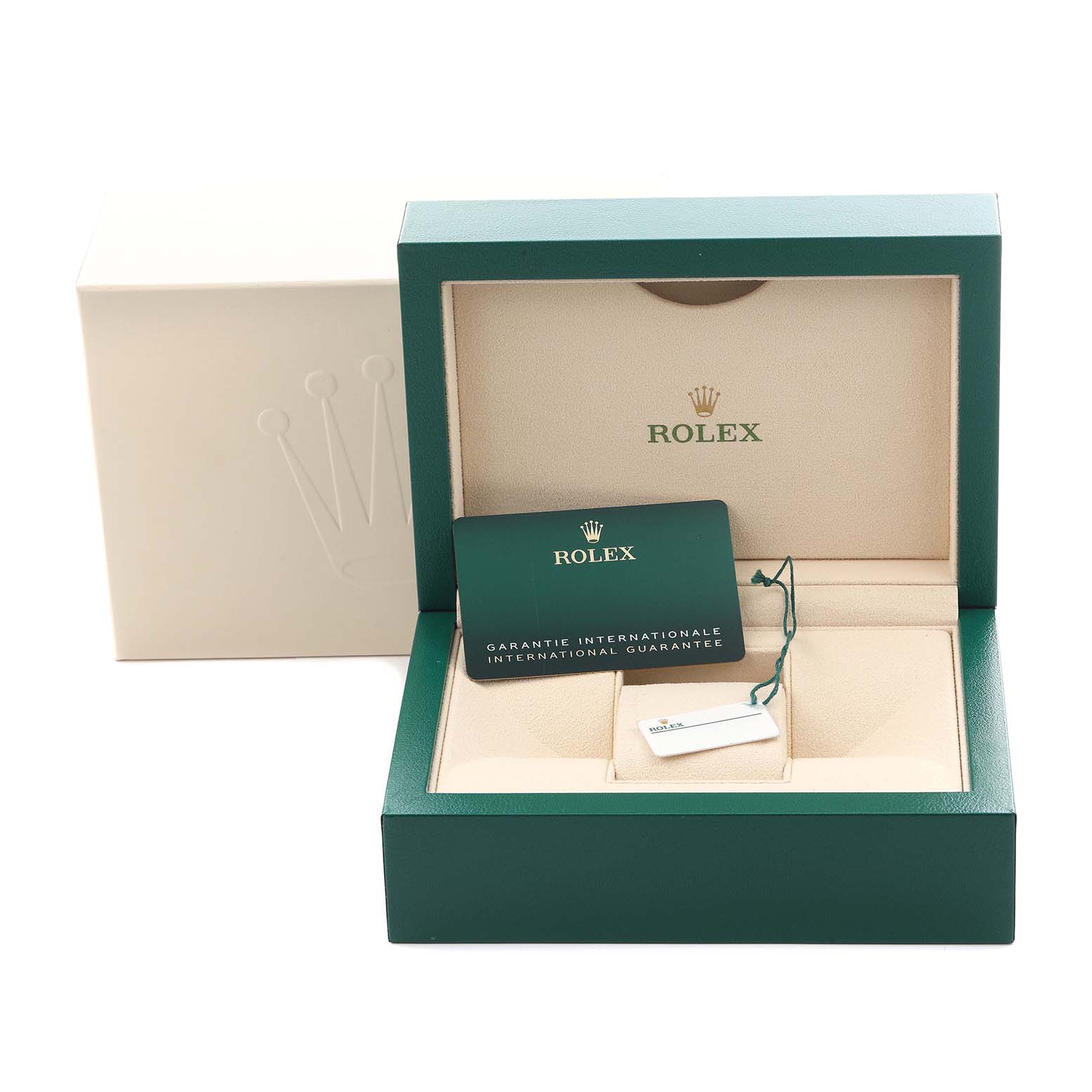 The image shows a Rolex Explorer 226570 Men's Stainless Steel White Dial 226570 Men's Stainless Steel White Dial watch box, guarantee card, and tag at a front angle.