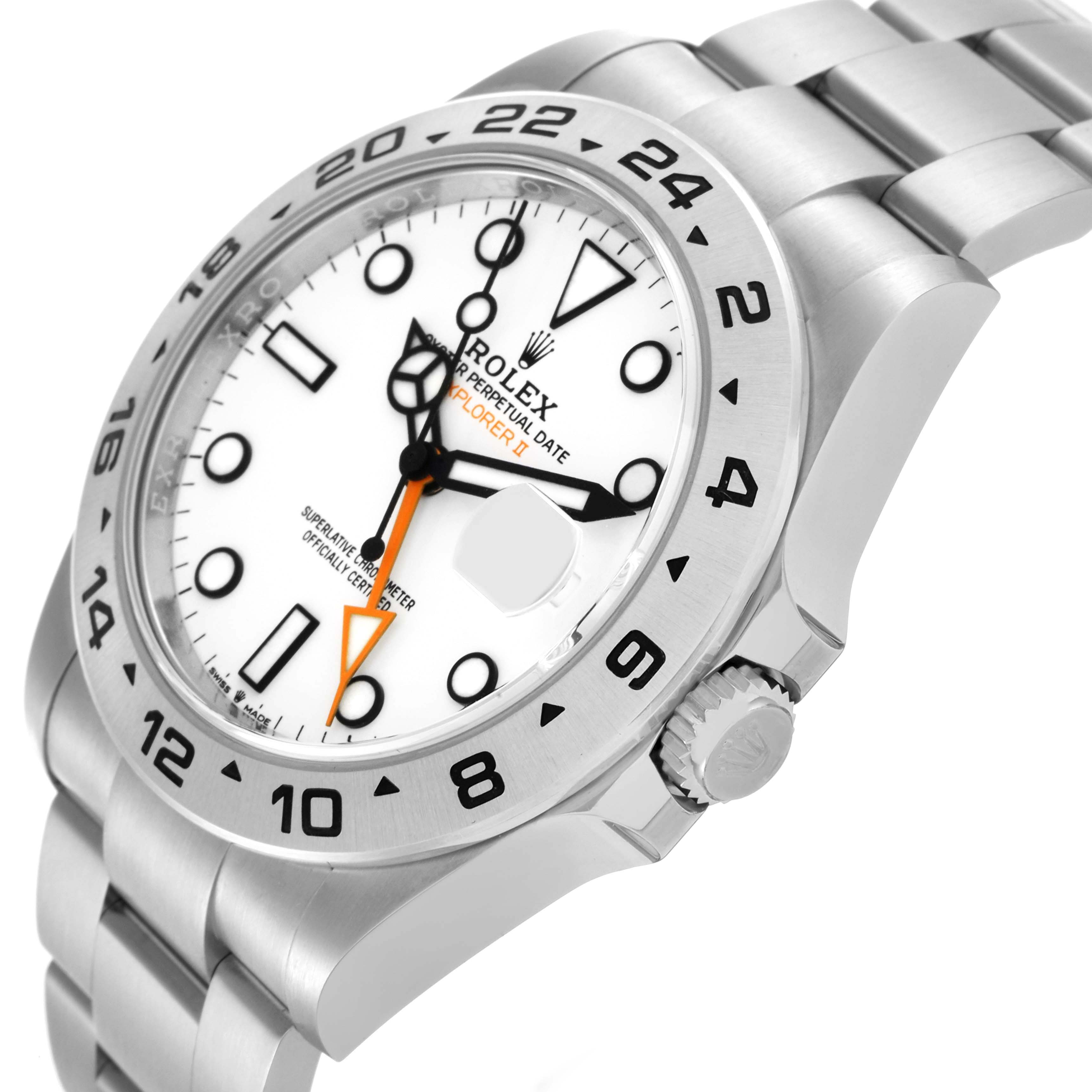 The Rolex Explorer 226570 Men's Stainless Steel White Dial 226570 Men's Stainless Steel White Dial watch is shown at a slight side angle, highlighting the dial, bezel, and part of the bracelet.