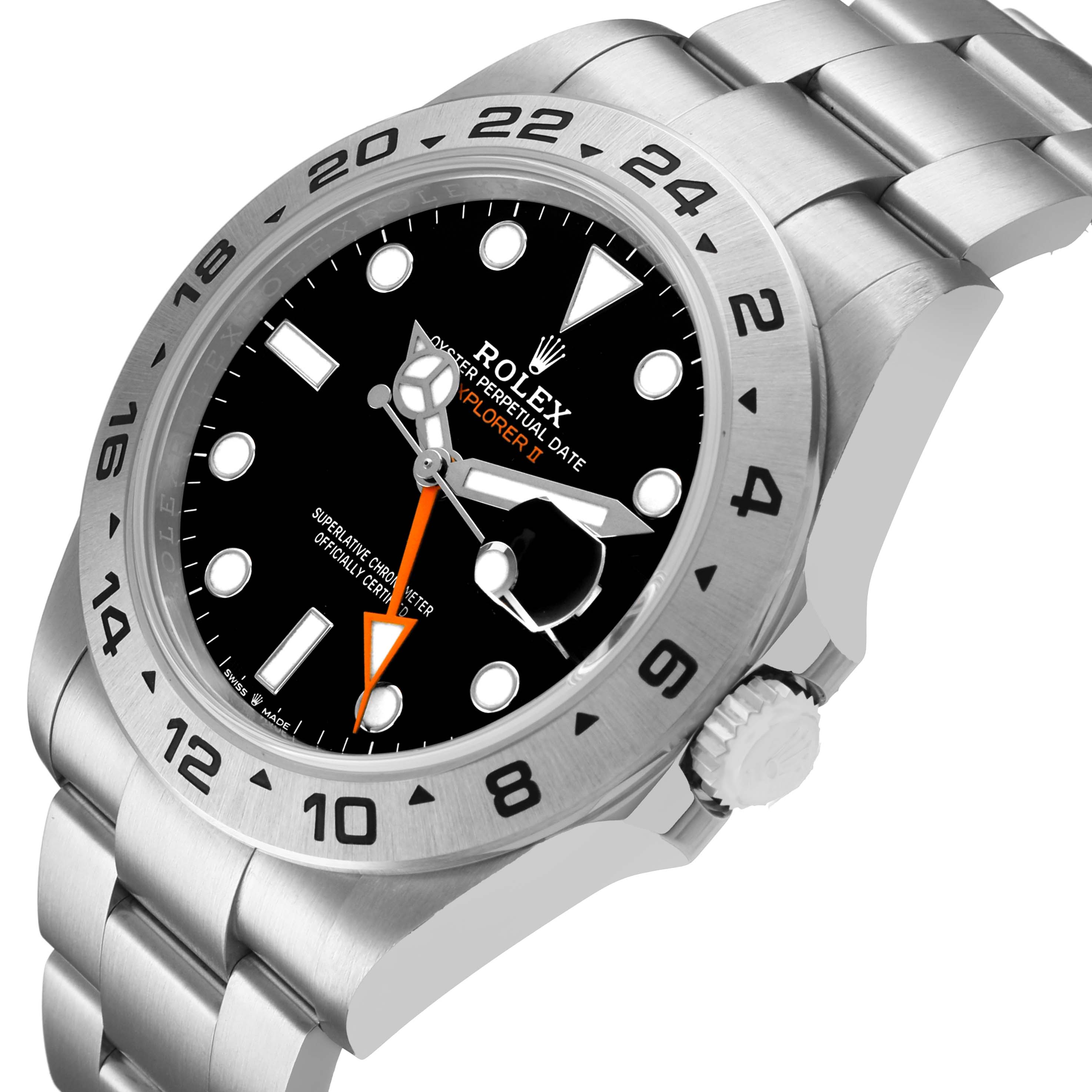 The Rolex Explorer 226570 Men's Stainless Steel Black Dial watch is shown at a three-quarter angle, highlighting the bezel, dial, and bracelet.