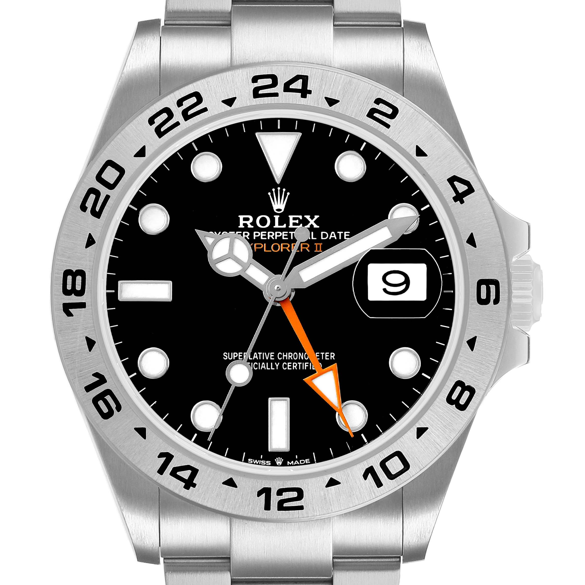 The Rolex Explorer 226570 Men's Stainless Steel Black Dial II watch is shown from the front, displaying the dial, bezel, and part of the bracelet.