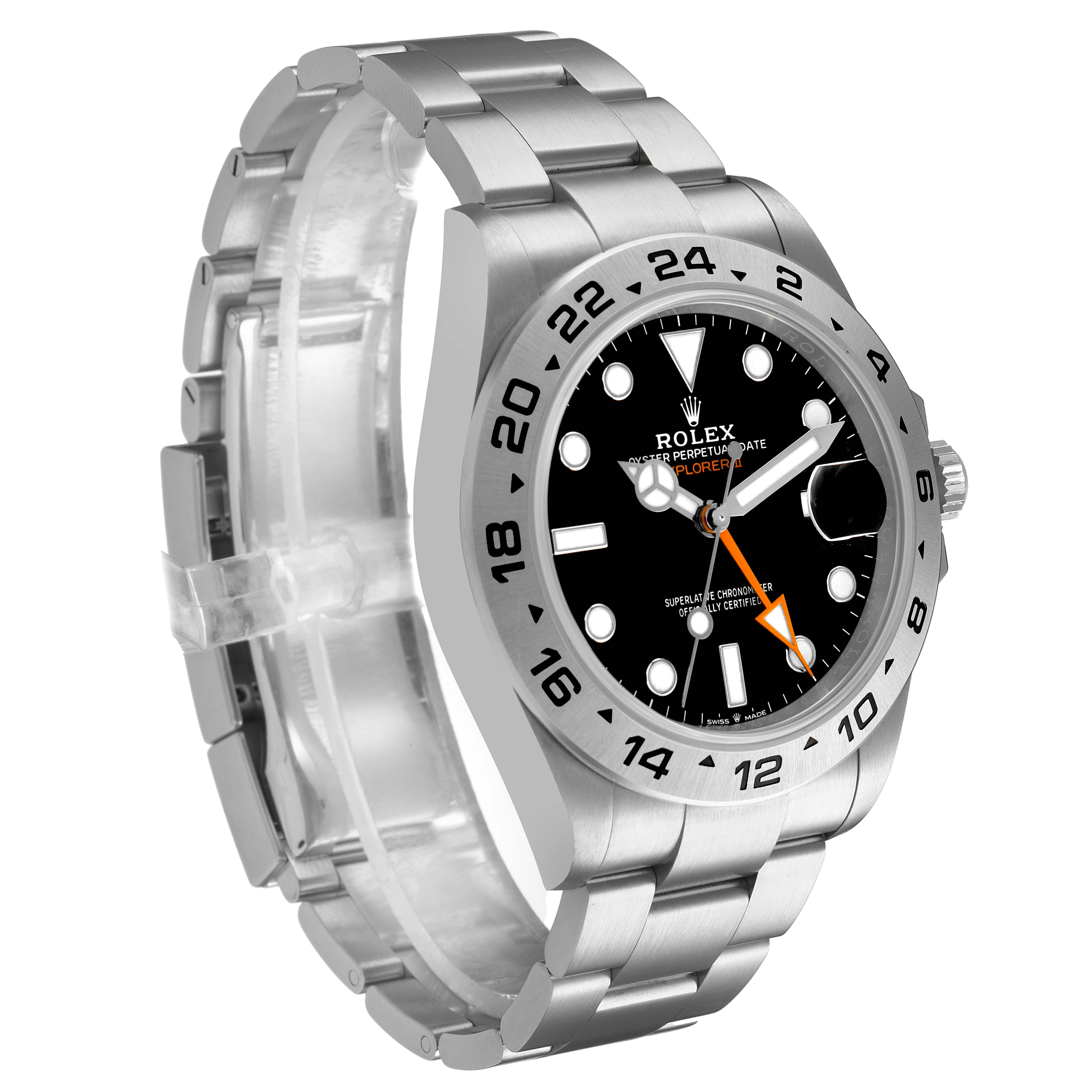 The Rolex Explorer 226570 Men's Stainless Steel Black Dial model is shown at an angled side view, featuring the bezel, black dial, luminous markers, and bracelet.
