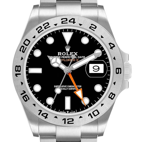 The Rolex Explorer 226570 Men's Stainless Steel Black Dial II watch is shown from the front, displaying the dial, bezel, and part of the bracelet.