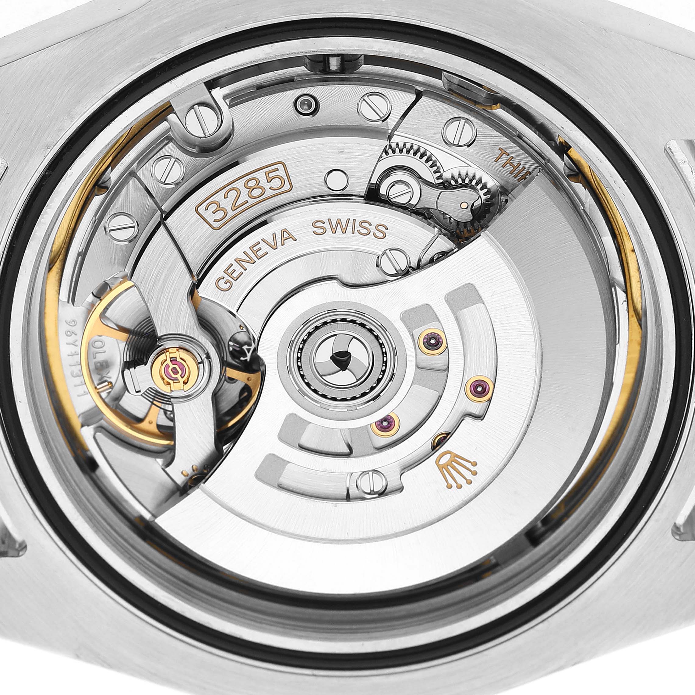 This image shows the movement of the Rolex Explorer M226570-002 Men's Stainless Steel Black Dial watch from the back, detailing the caliber 3285 mechanism.