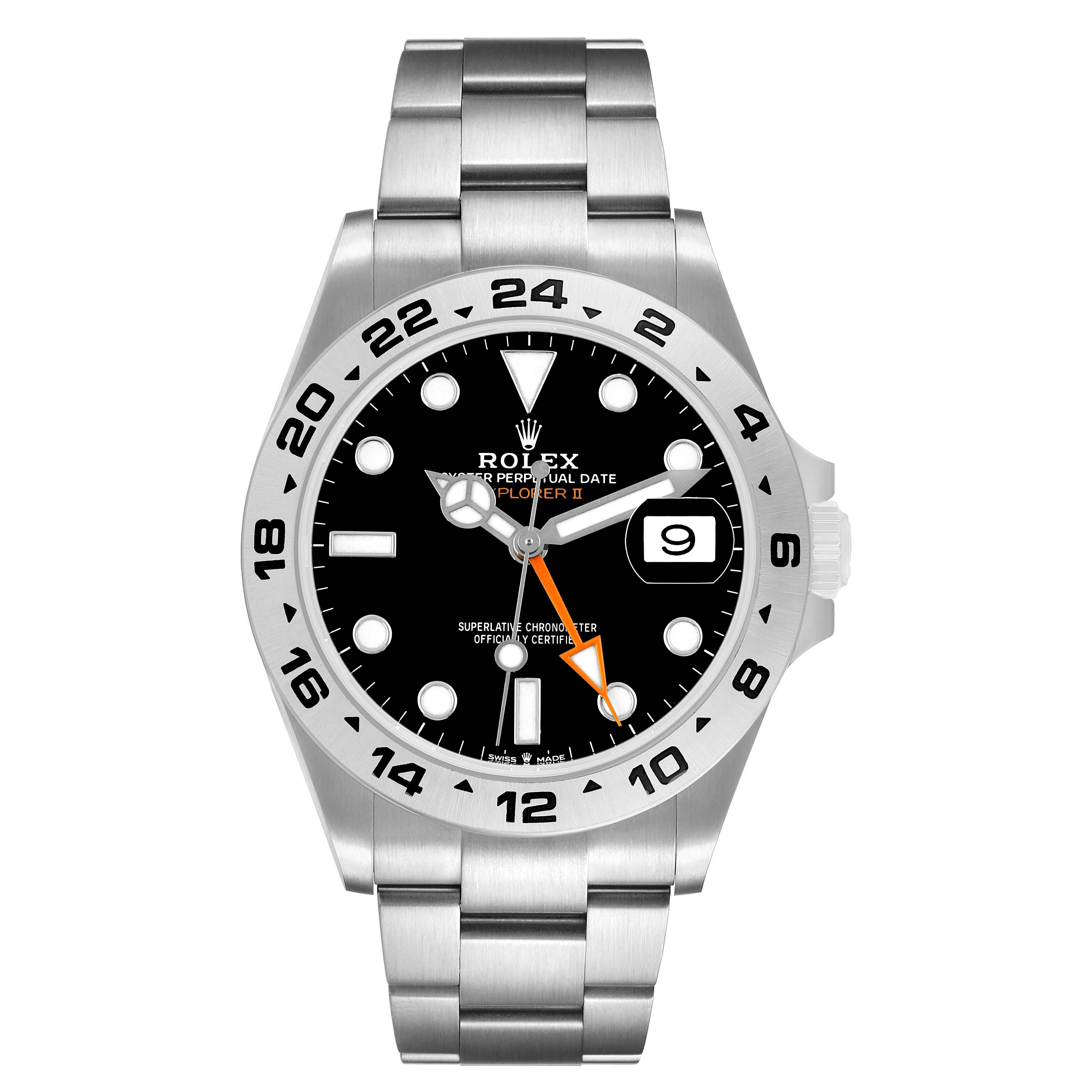 The Rolex Explorer M226570-002 Men's Stainless Steel Black Dial model watch is shown front-facing, highlighting the face, bezel, bracelet, and crown.