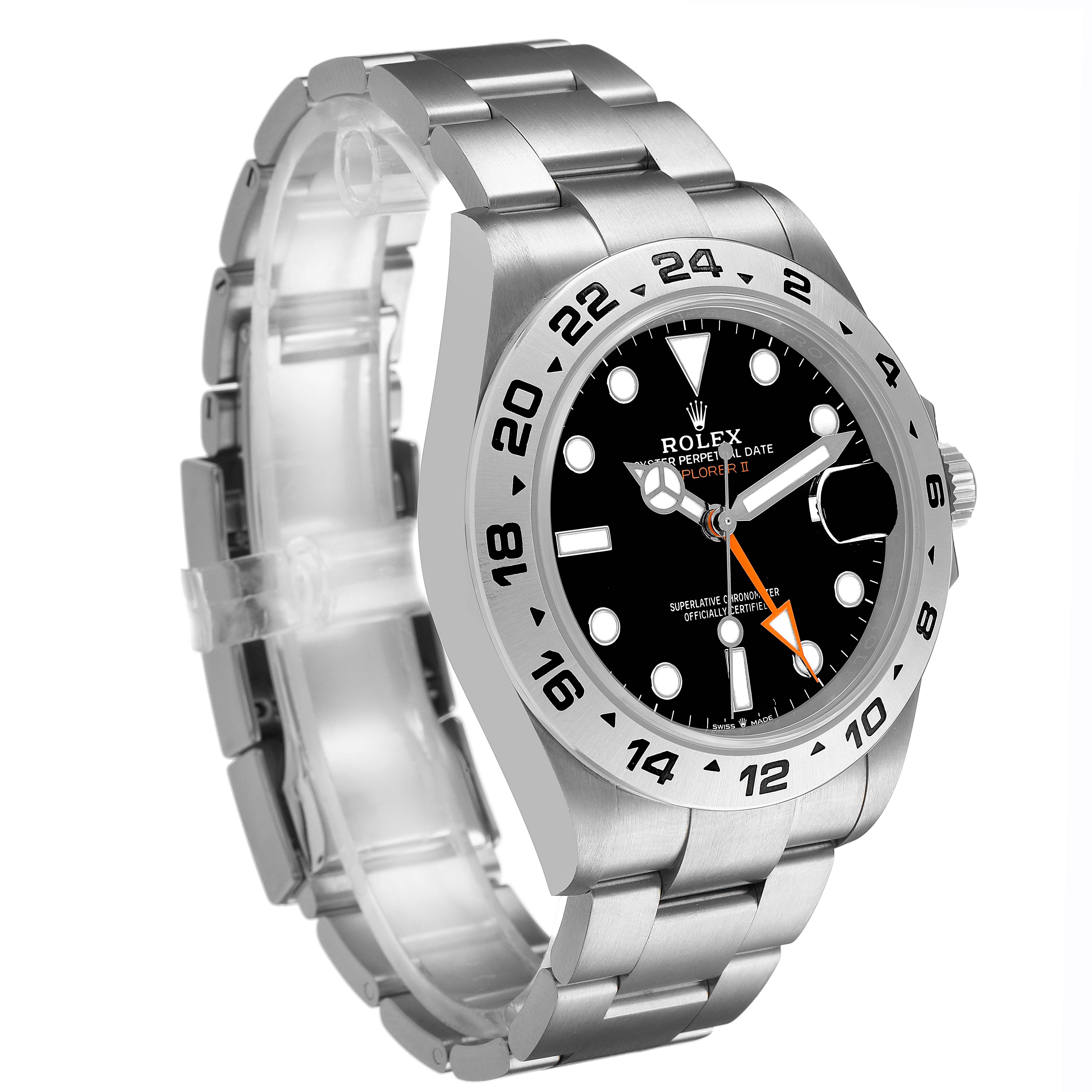 The Rolex Explorer M226570-002 Men's Stainless Steel Black Dial watch is shown at a 3/4 angle, highlighting the dial, bezel, and bracelet.