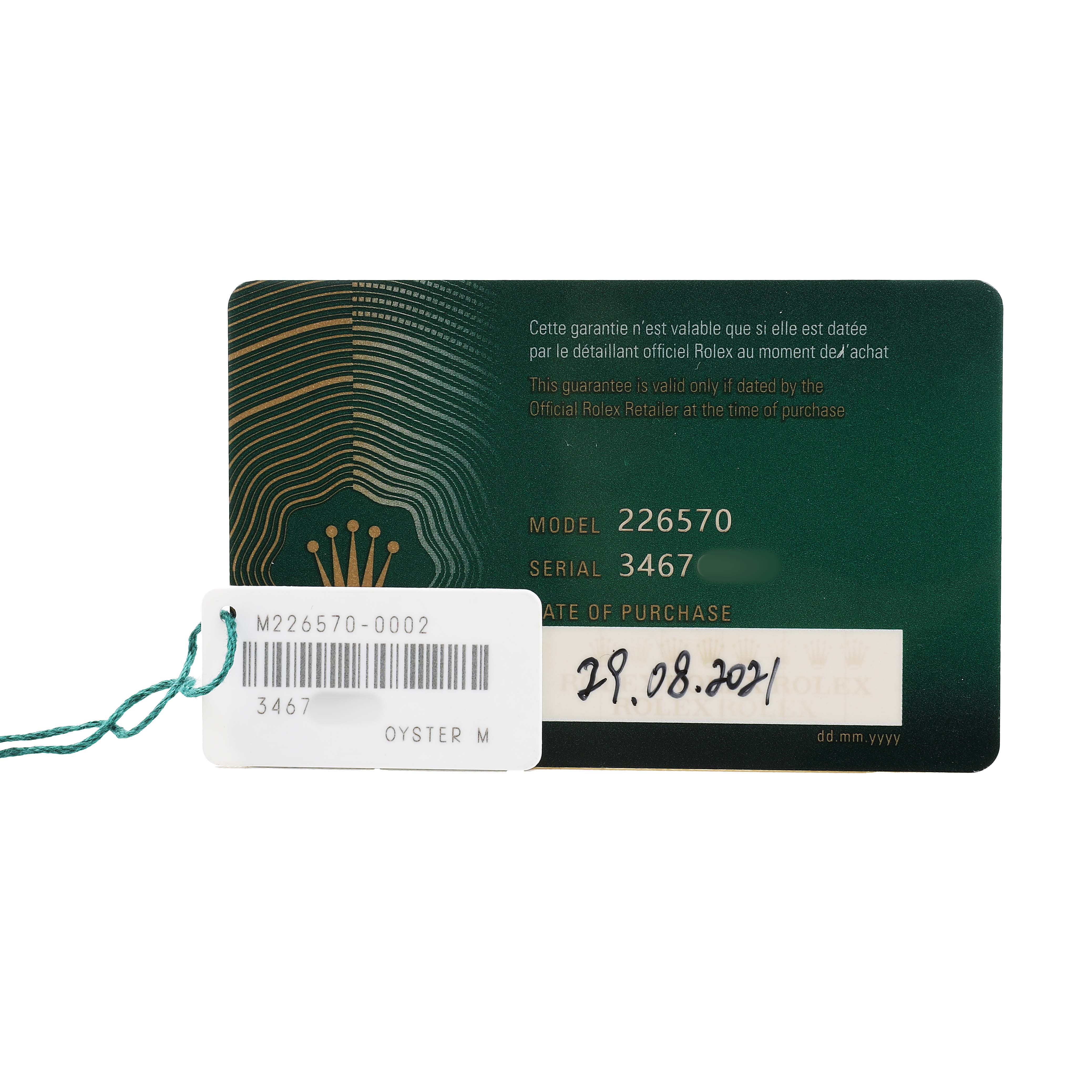 The image shows a guarantee card for the Rolex Explorer M226570-002 Men's Stainless Steel Black Dial model, including model and serial numbers, with a purchase date.