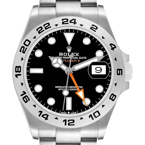 The image shows a front view of the Rolex Explorer M226570-002 Men's Stainless Steel Black Dial II watch, featuring its black dial, date window, and silver bezel with 24-hour markers.