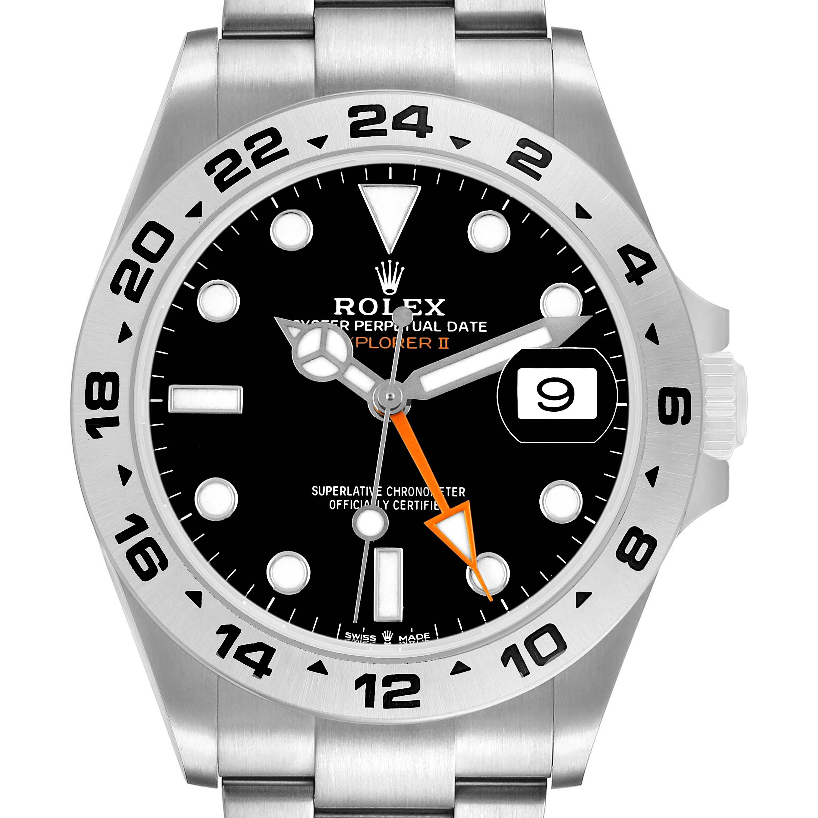 The image shows a front view of the Rolex Explorer M226570-002 Men's Stainless Steel Black Dial II with its bezel, dial, hands, date window, and bracelet visible.