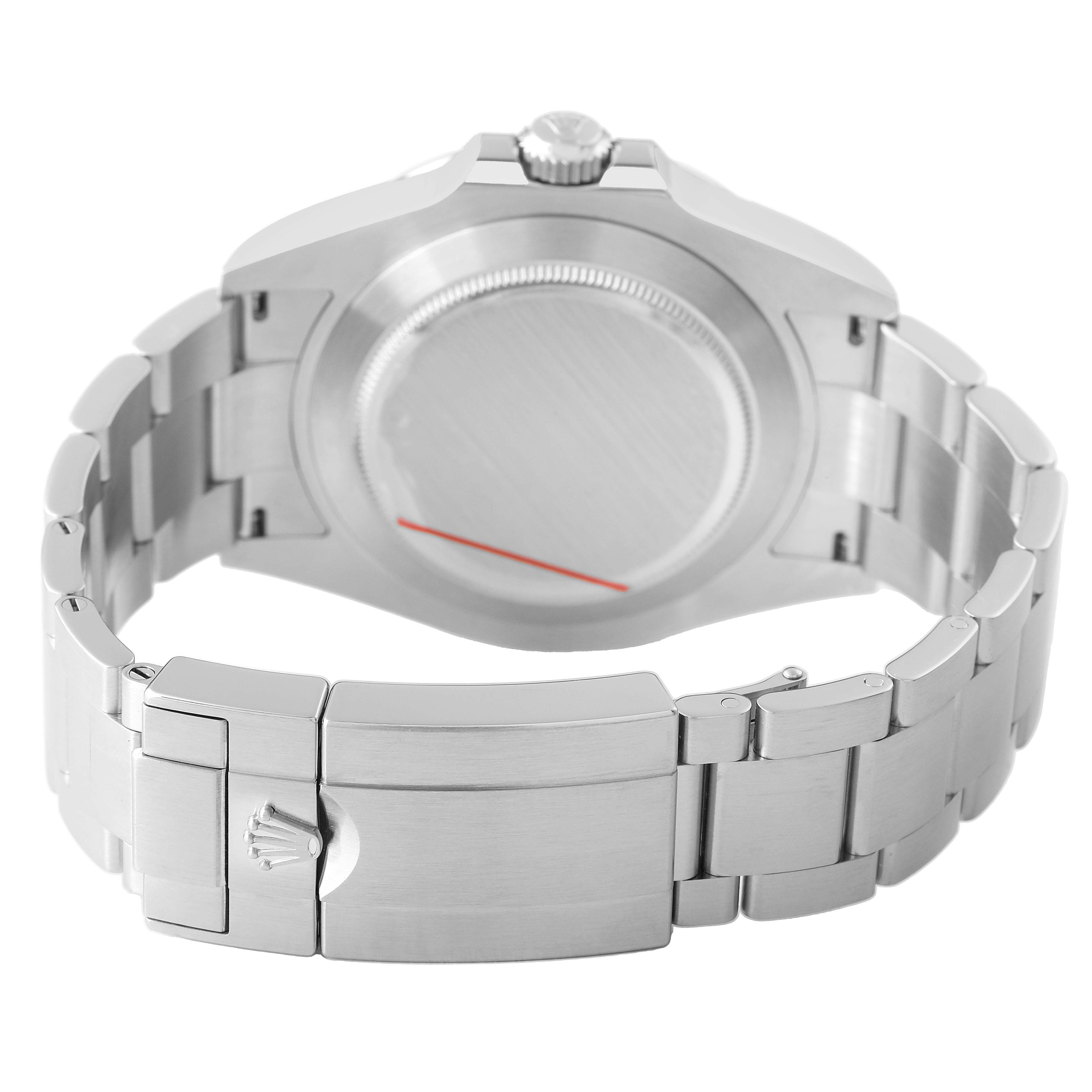 The image shows the back case and bracelet clasp of a Rolex Explorer M226570-002 Men's Stainless Steel Black Dial watch from a rear angle.