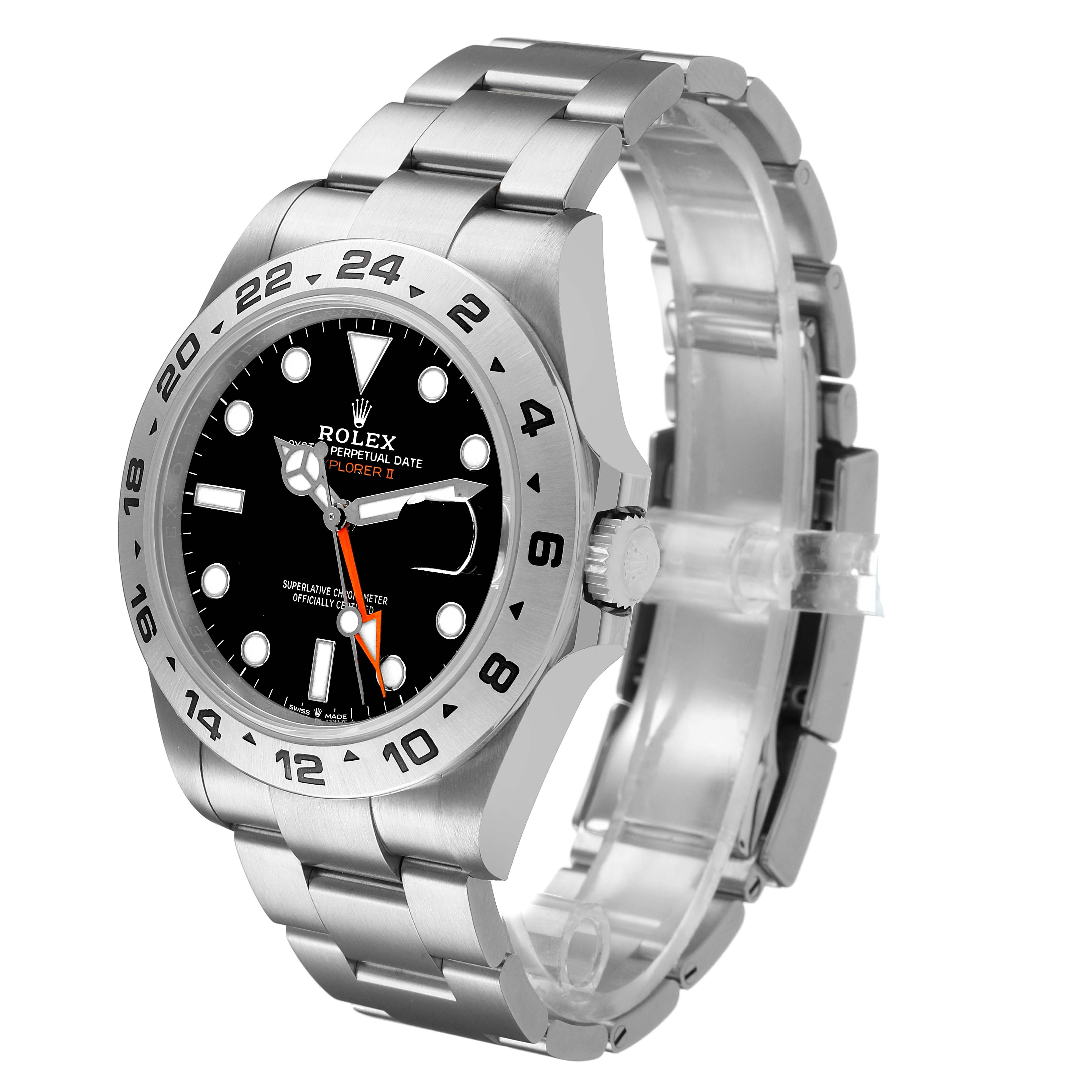 The Rolex Explorer M226570-002 Men's Stainless Steel Black Dial watch is shown at a three-quarter angle, featuring the bezel, dial, hands, and bracelet.