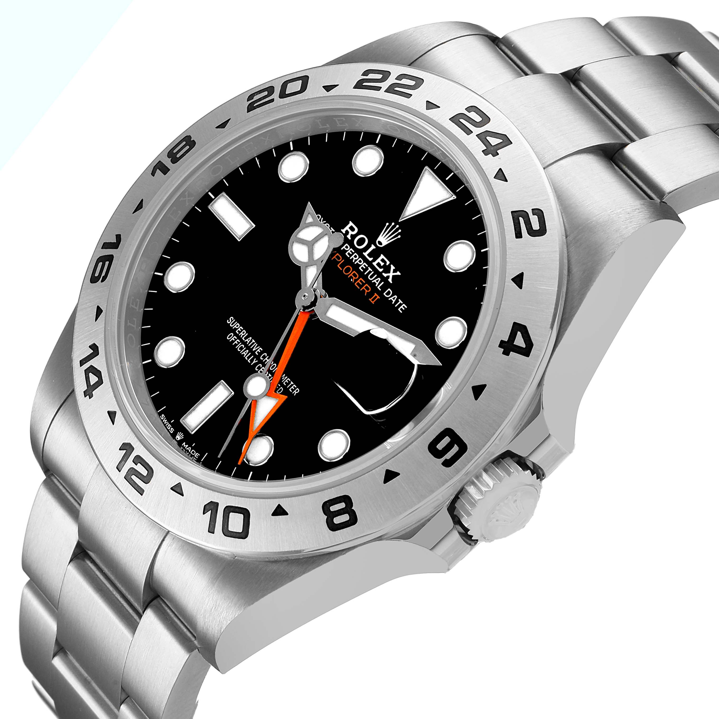 The image shows a Rolex Explorer M226570-002 Men's Stainless Steel Black Dial II from a three-quarter angle, highlighting the dial, bezel, and bracelet.