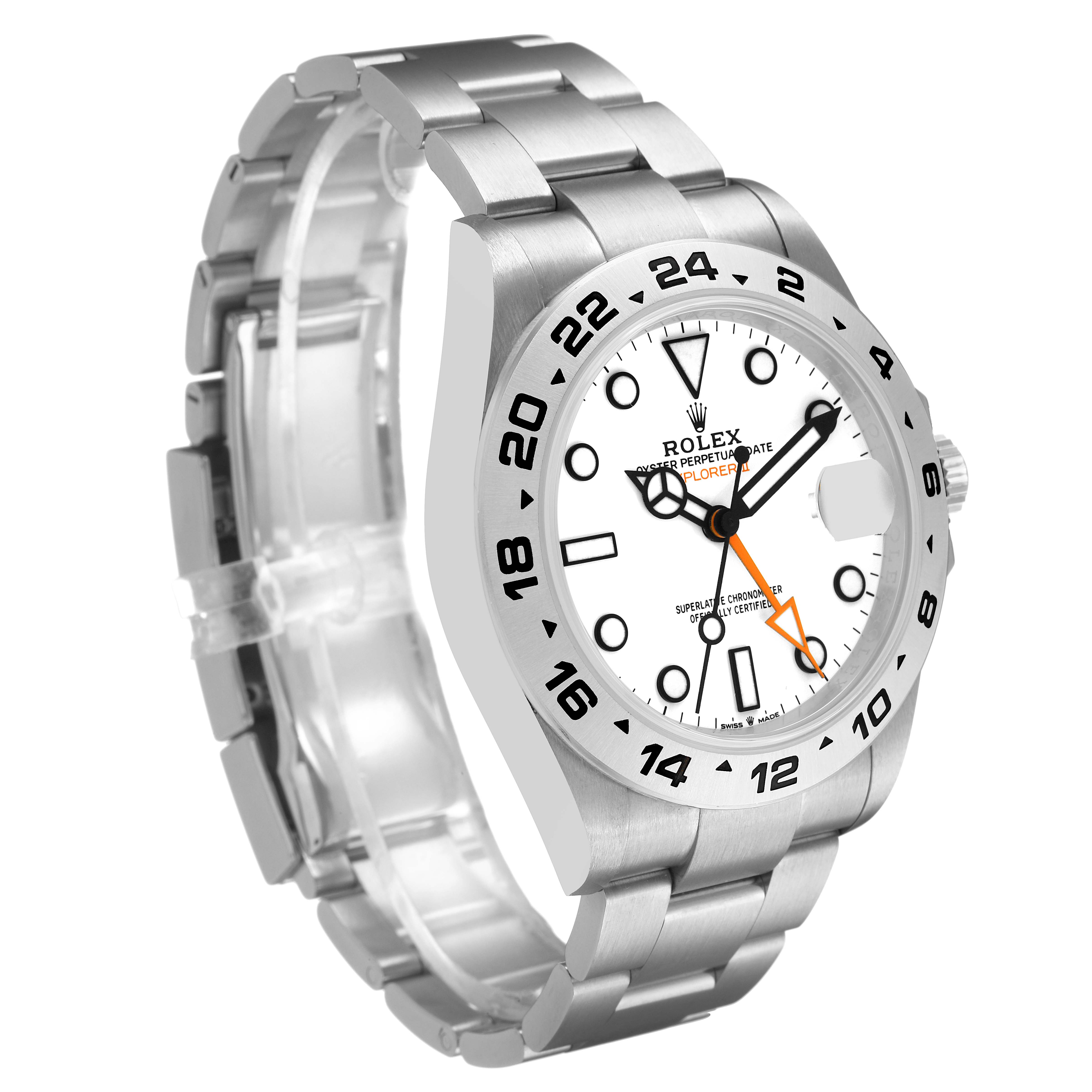 The Rolex Explorer M226570-001 Men's Stainless Steel White Dial watch is shown at a three-quarter angle, displaying the bezel, dial, hands, bracelet, and crown.