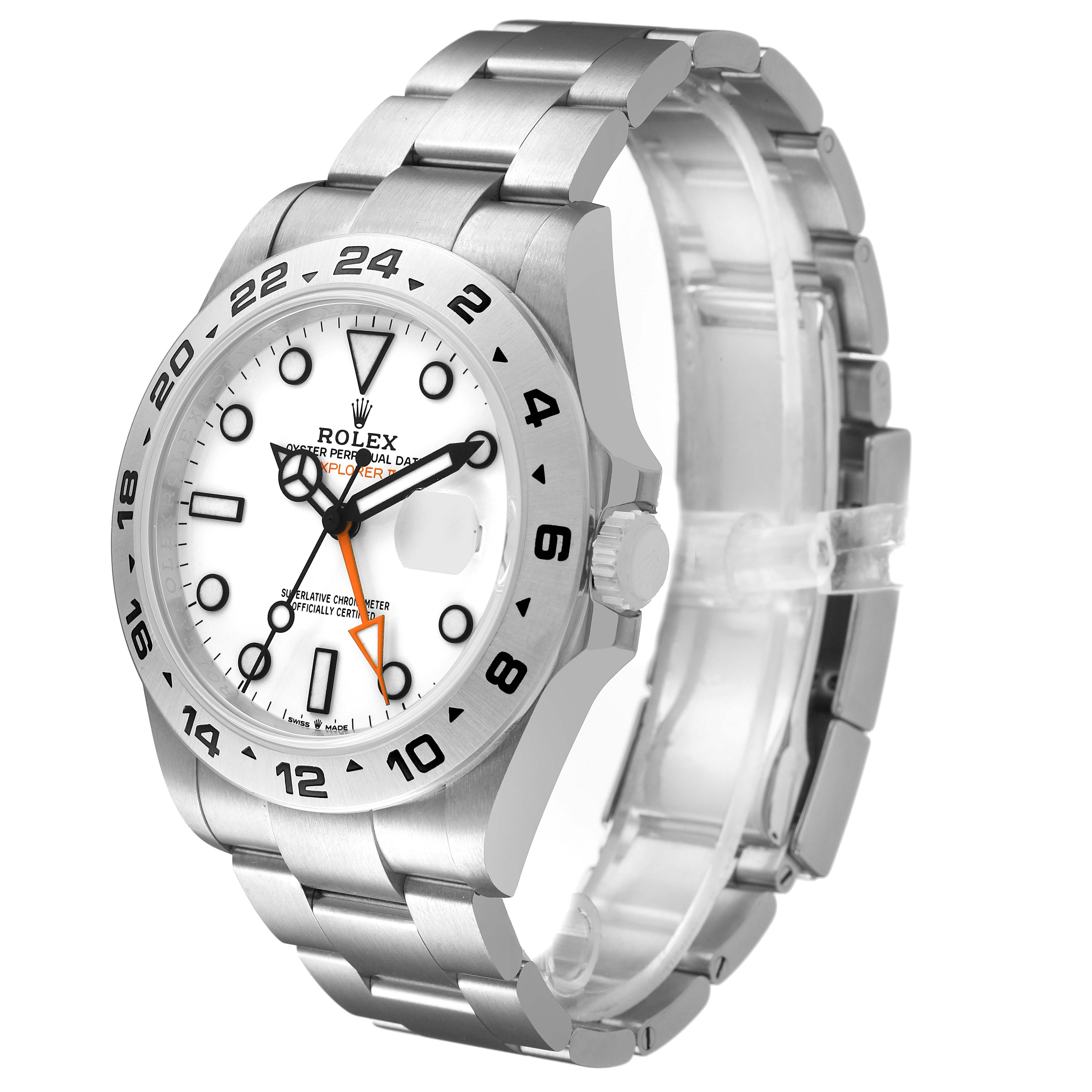 The Rolex Explorer M226570-001 Men's Stainless Steel White Dial watch is shown at a three-quarter angle, highlighting its face, bezel, and bracelet.