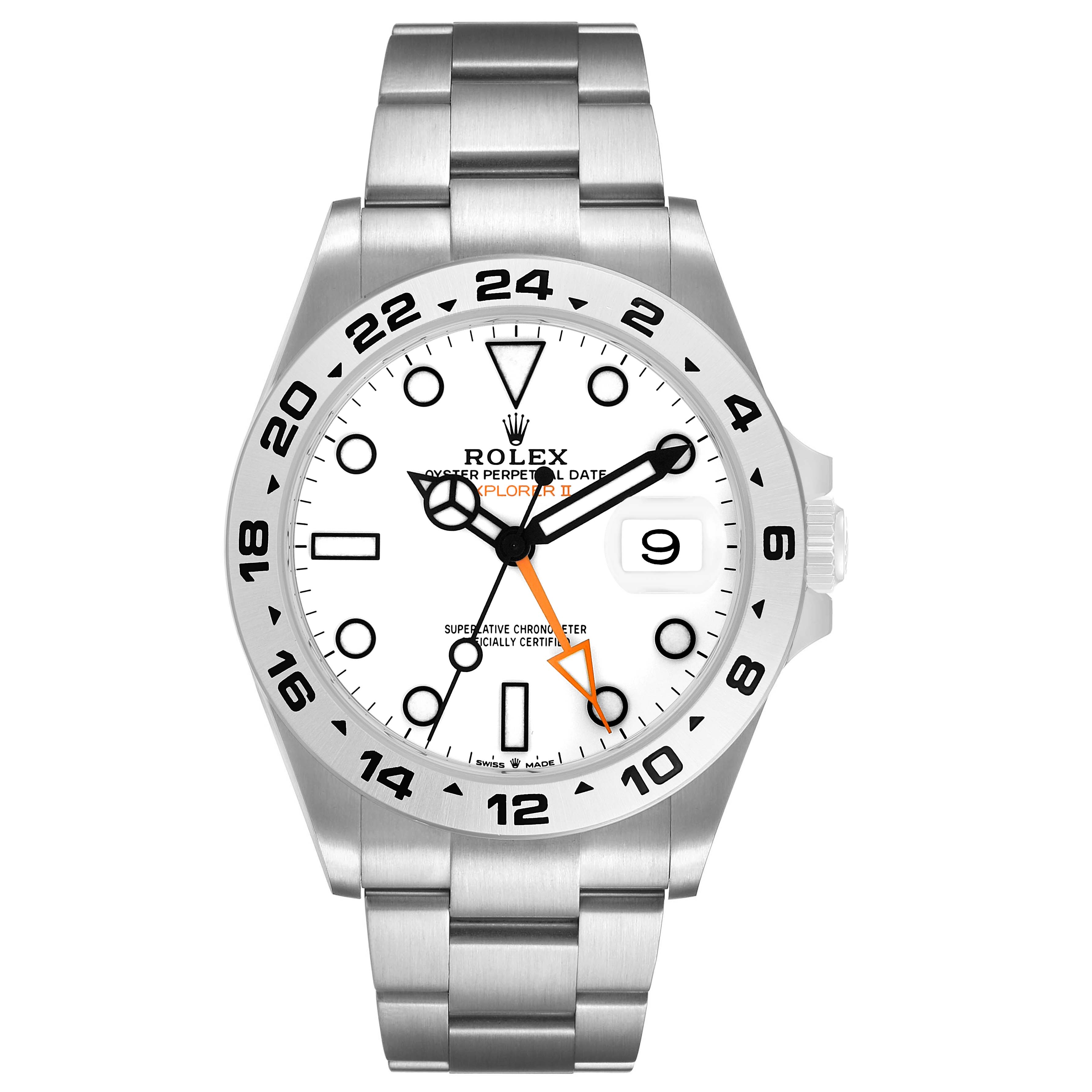 The image shows a front view of a Rolex Explorer M226570-001 Men's Stainless Steel White Dial II watch, highlighting the dial, bezel, hands, and bracelet.
