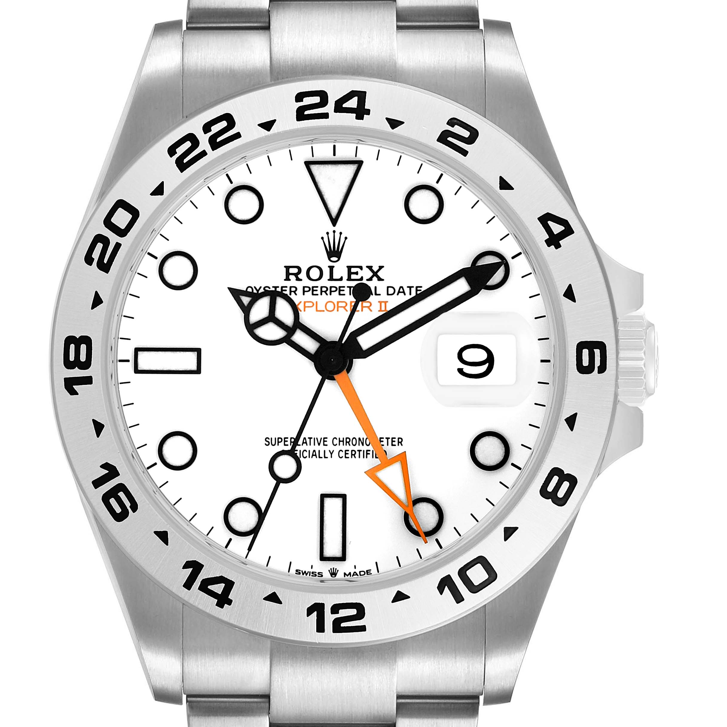 The Rolex Explorer M226570-001 Men's Stainless Steel White Dial II watch is shown from the front, highlighting its dial, bezel, and bracelet.