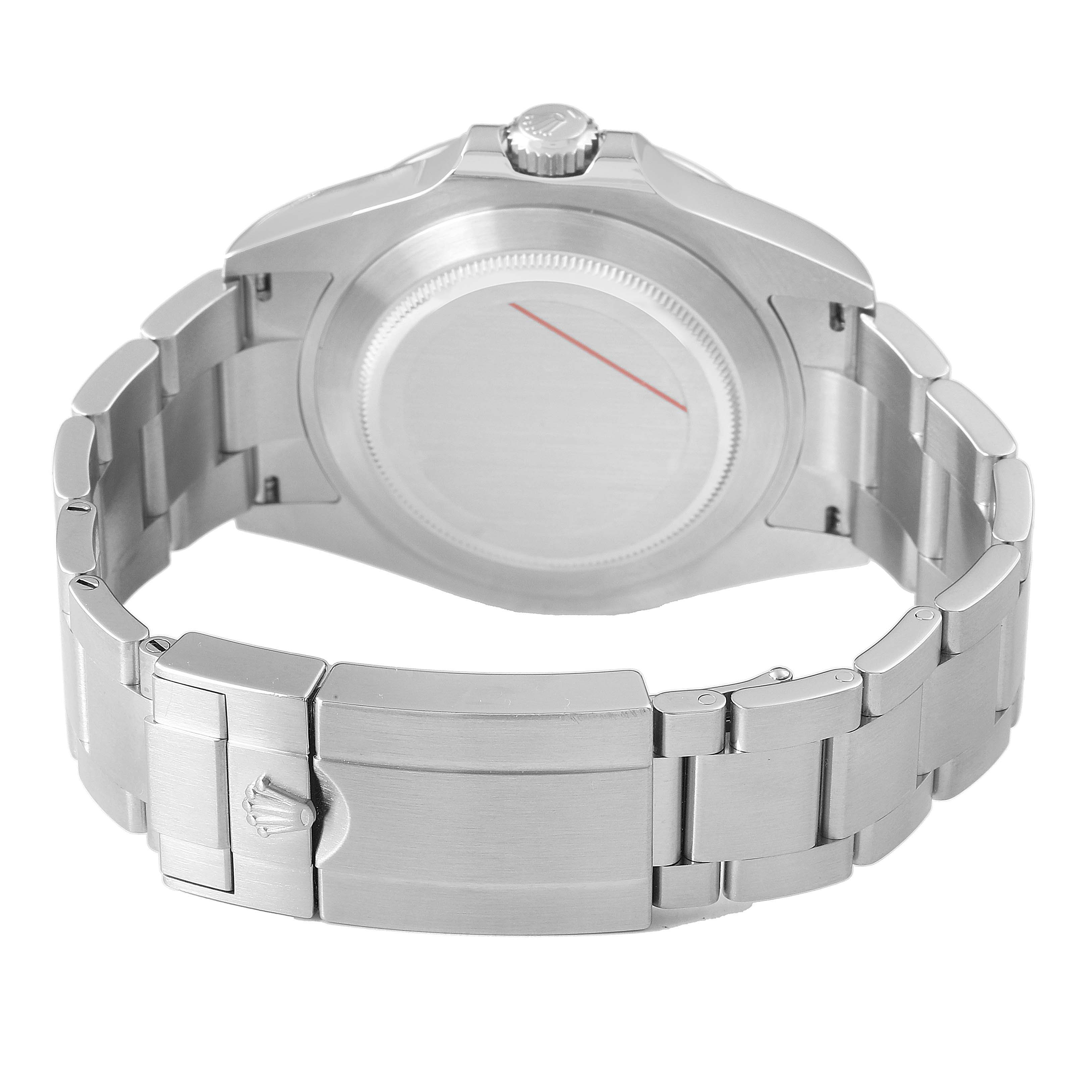 The image shows the back and bracelet of a Rolex Explorer M226570-001 Men's Stainless Steel White Dial watch, highlighting the clasp and case back.