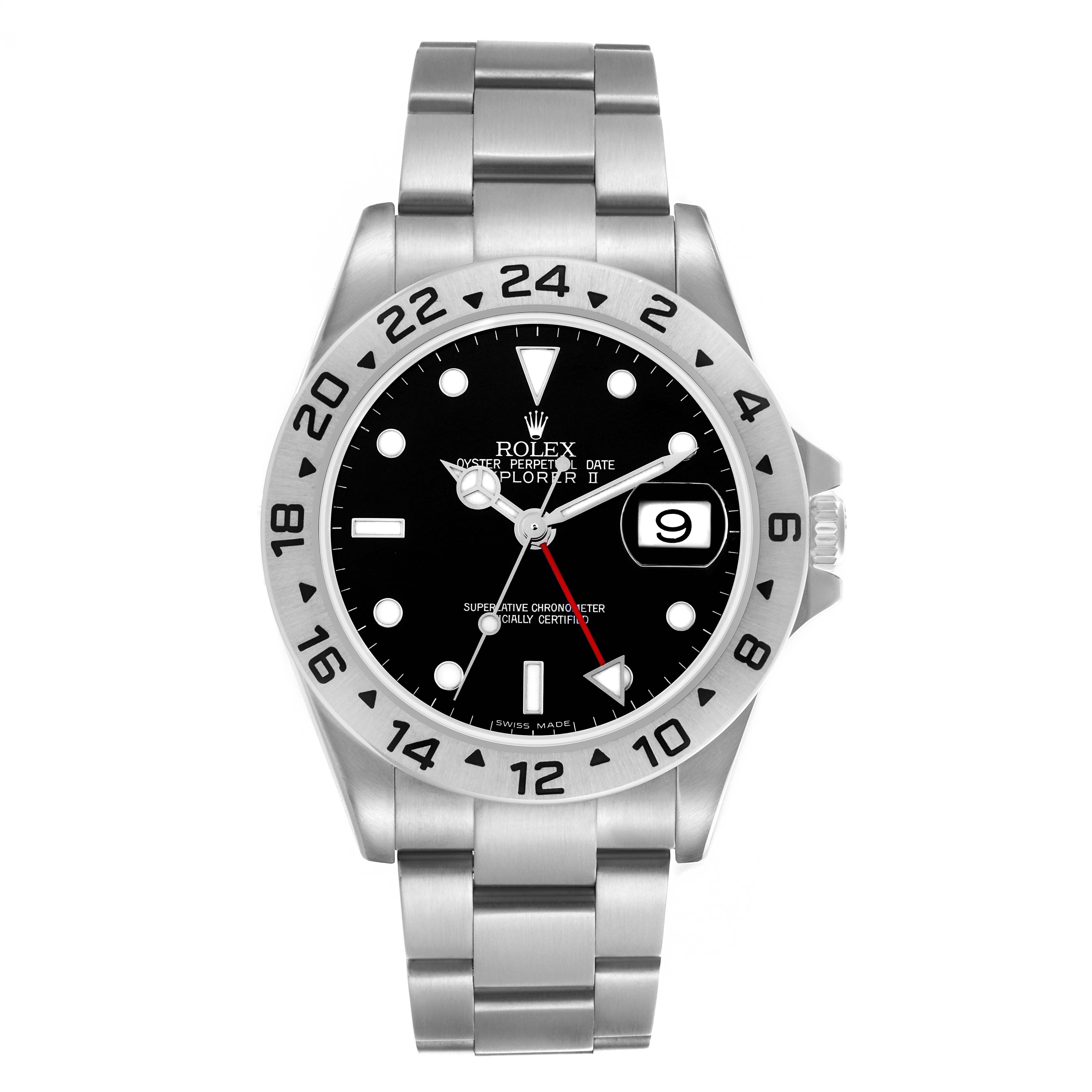 The Rolex Explorer 16570T Men's Stainless Steel Black Dial 16570T Men's Stainless Steel Black Dial watch is shown from a front view, displaying the dial, bezel, bracelet, and crown.