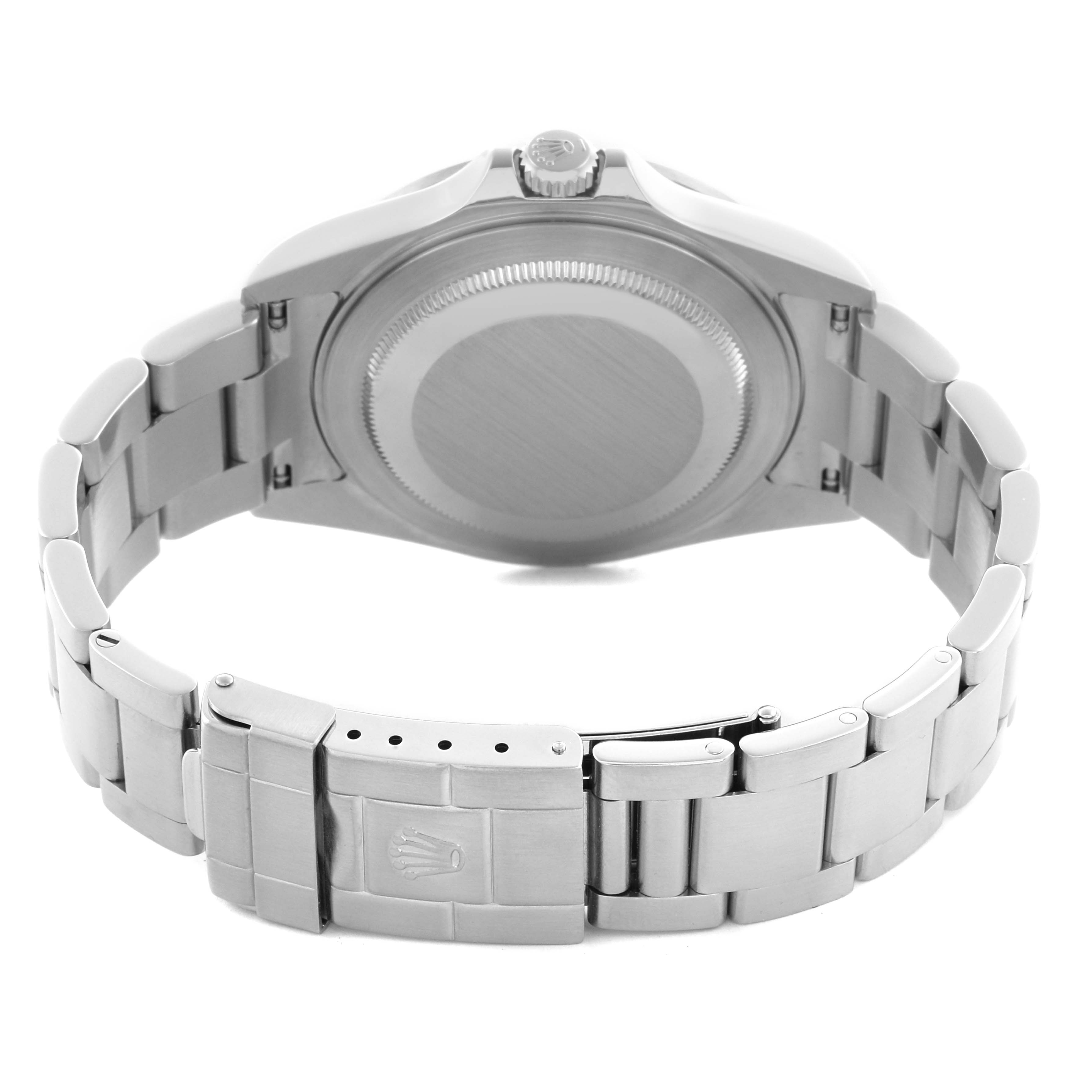 The image shows the back case and bracelet of a Rolex Explorer 16570T Men's Stainless Steel Black Dial 16570T Men's Stainless Steel Black Dial, emphasizing the clasp and links from the rear angle.