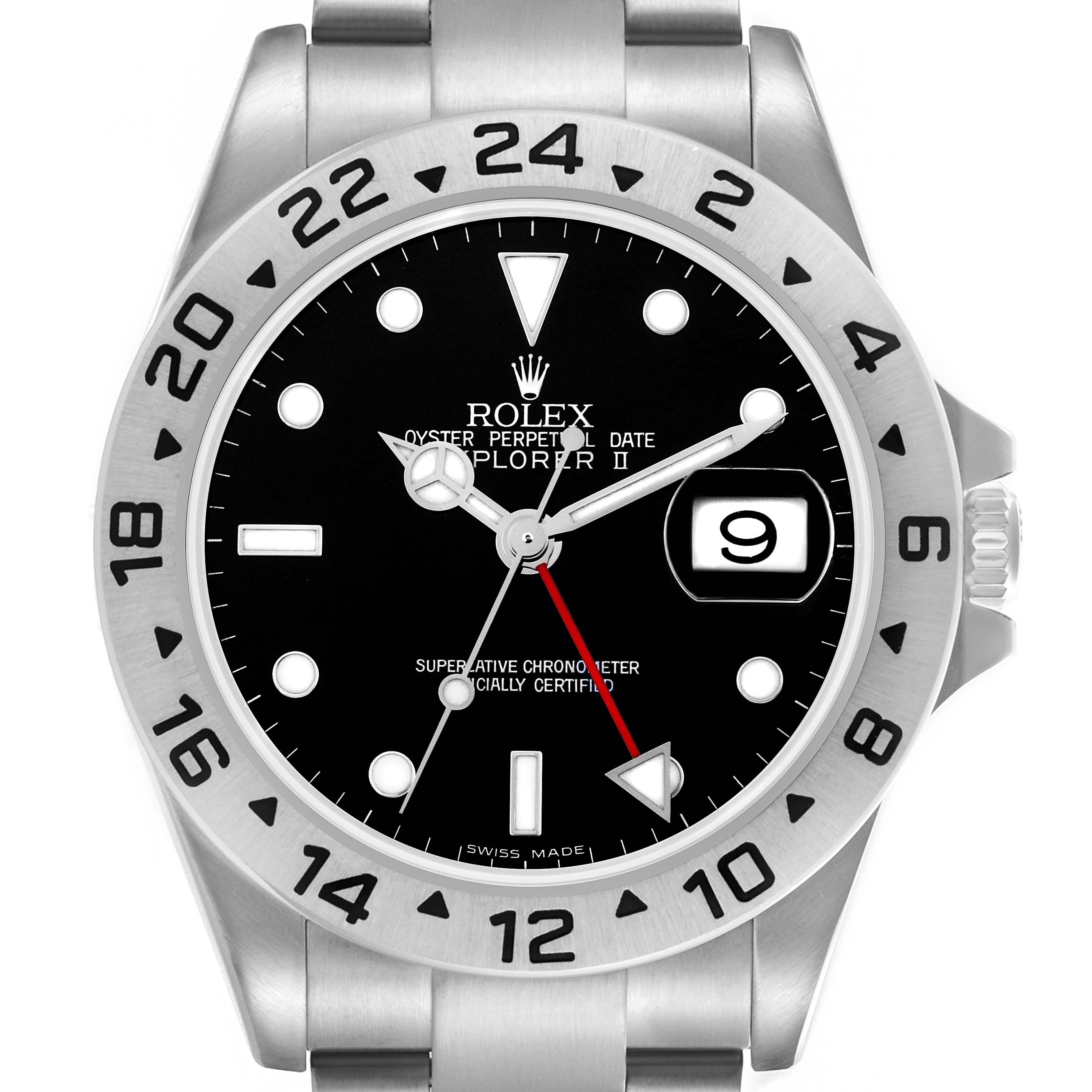 The image shows a front view of a Rolex Explorer 16570T Men's Stainless Steel Black Dial 16570T Men's Stainless Steel Black Dial watch, highlighting the dial, bezel, crown, and bracelet.