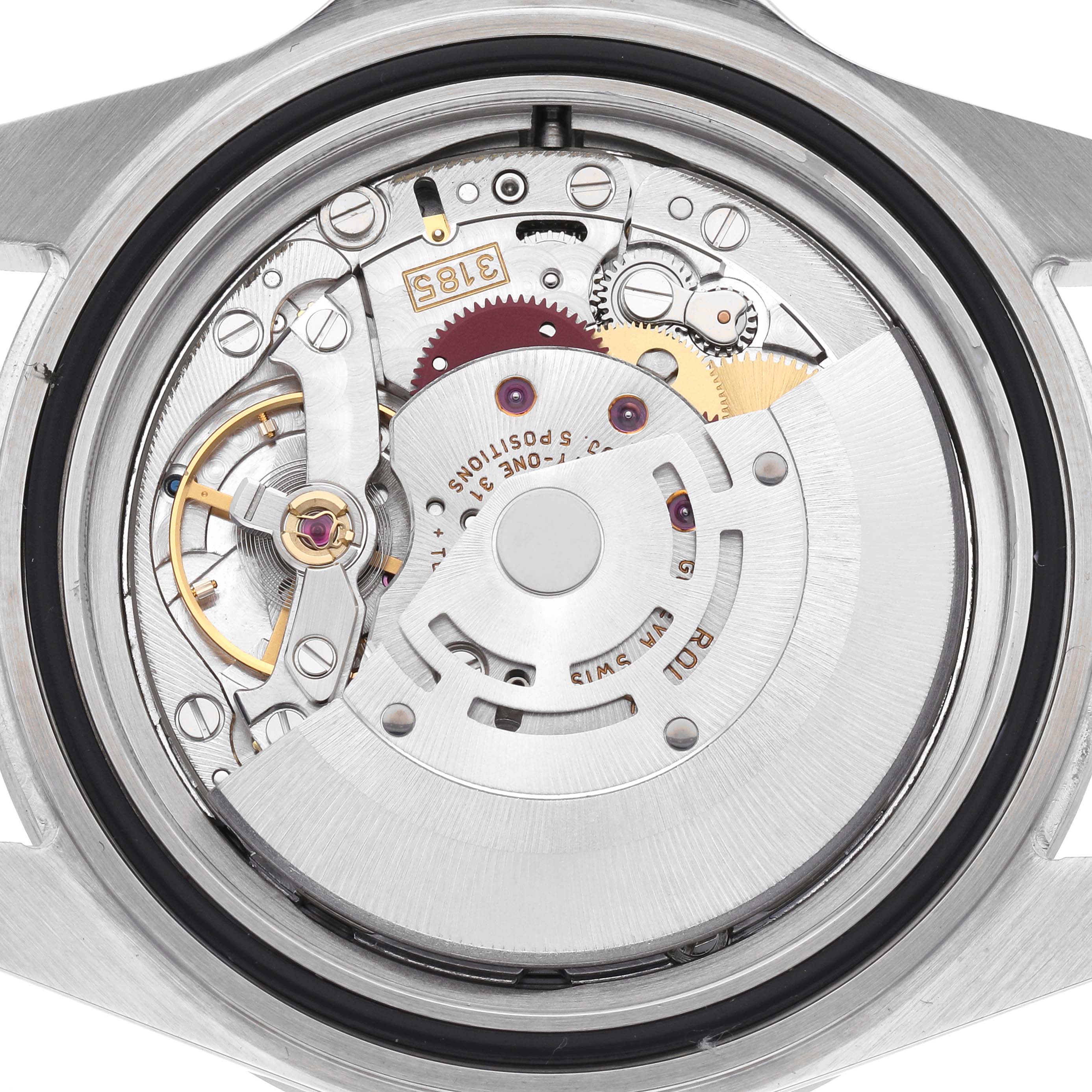 The image shows the back of a Rolex Explorer 16570T Men's Stainless Steel Black Dial 16570T Men's Stainless Steel Black Dial watch, revealing the mechanical movement and rotor.