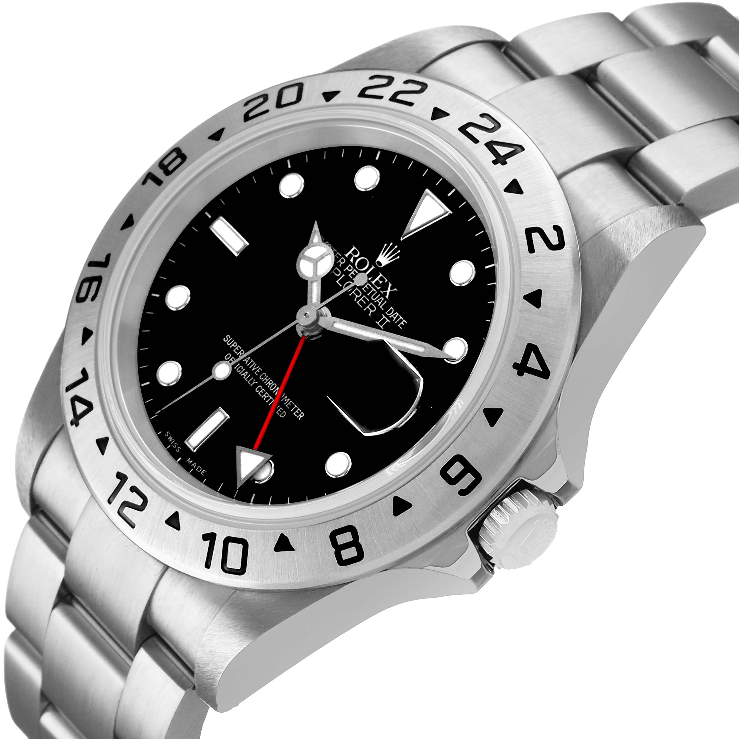 The image shows a Rolex Explorer 16570T Men's Stainless Steel Black Dial watch at a three-quarter angle, highlighting the dial, bezel, and bracelet.