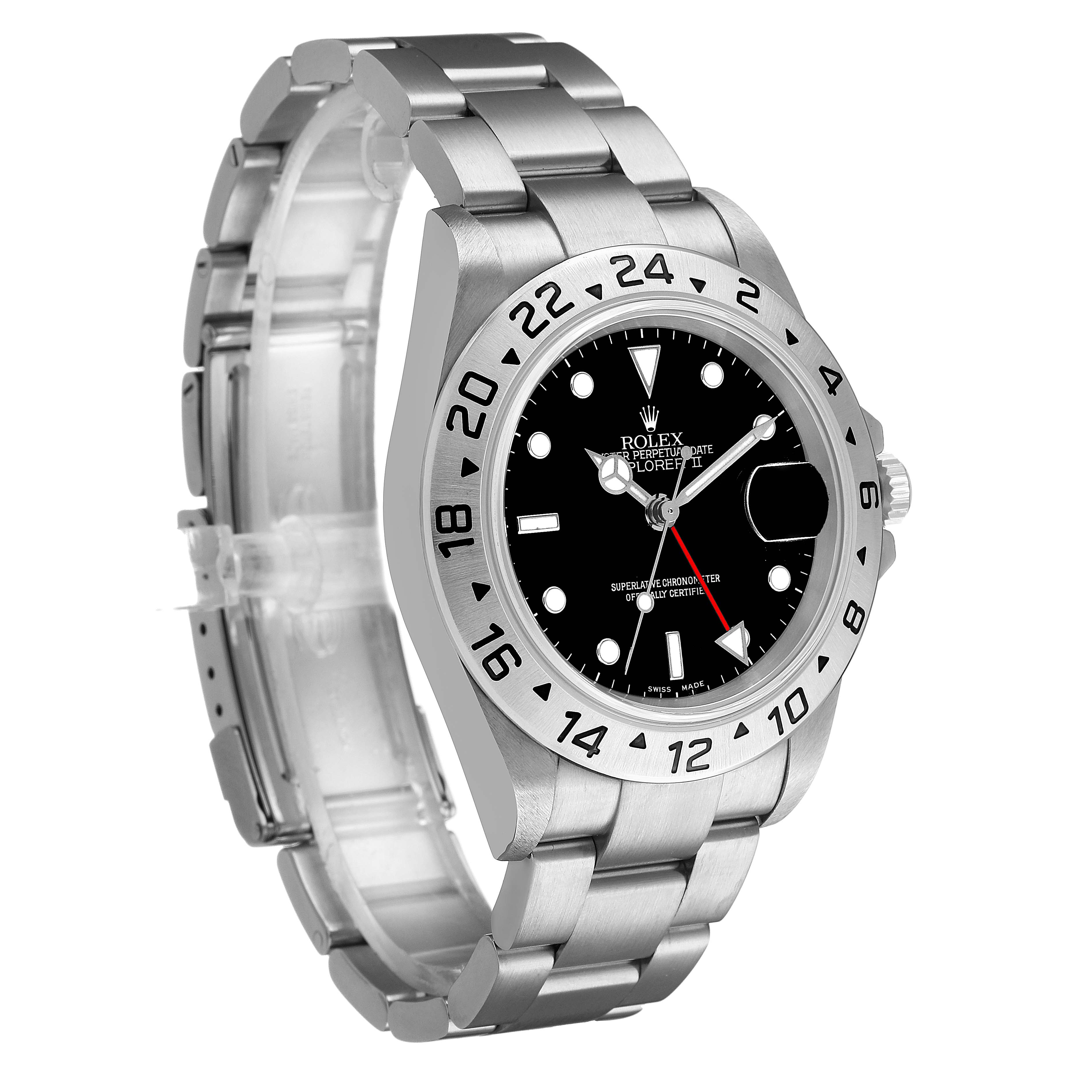 The Rolex Explorer 16570T Men's Stainless Steel Black Dial watch is shown at a three-quarter angle, highlighting the bezel, dial, and bracelet.