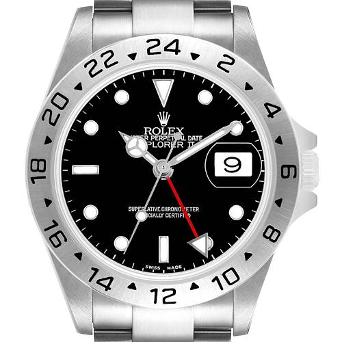The Rolex Explorer 16570T Men's Stainless Steel Black Dial model is shown from a front view, highlighting the dial, bezel, and bracelet.