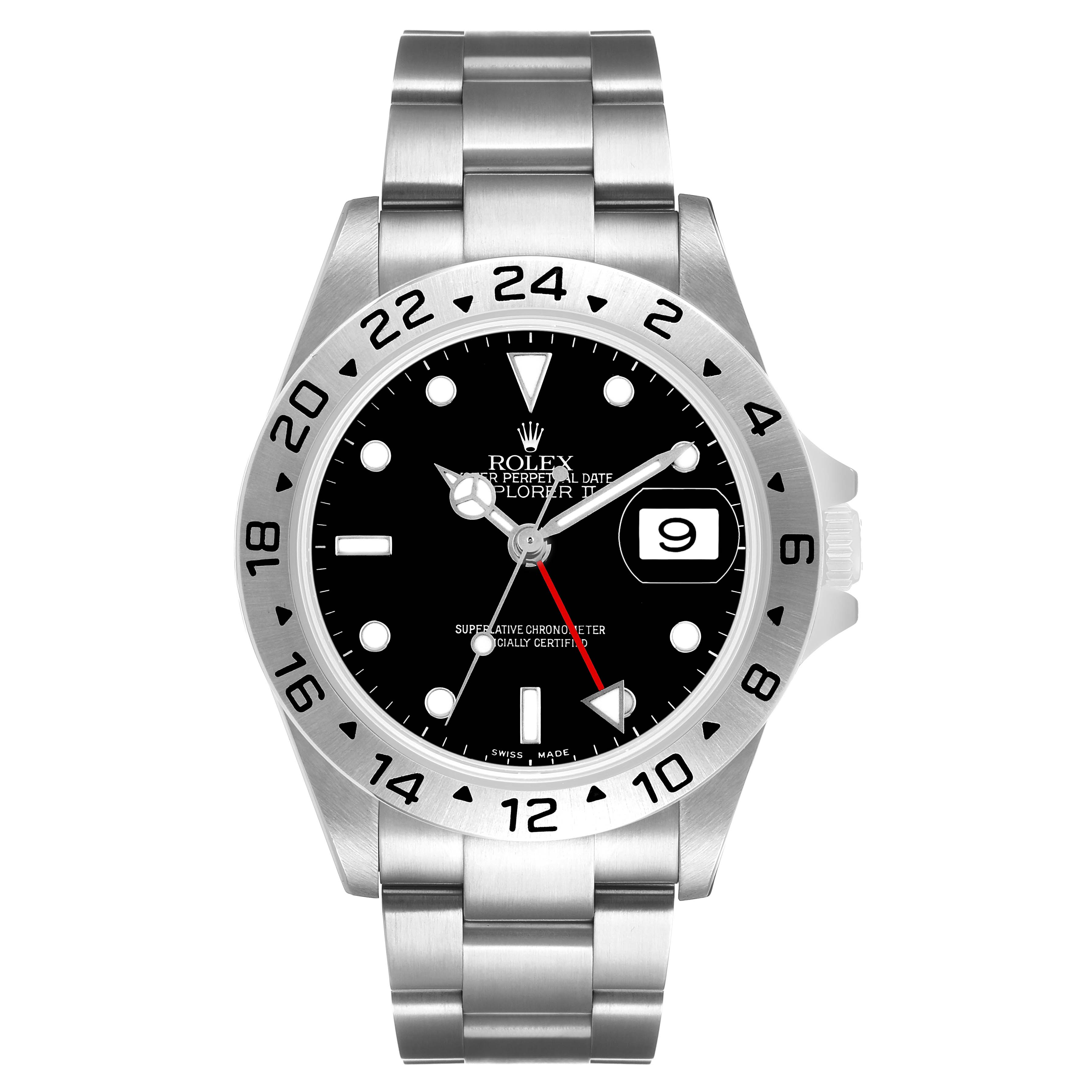 The Rolex Explorer 16570T Men's Stainless Steel Black Dial watch is shown from the front, highlighting its dial, bezel, hands, bracelet, and date indicator.