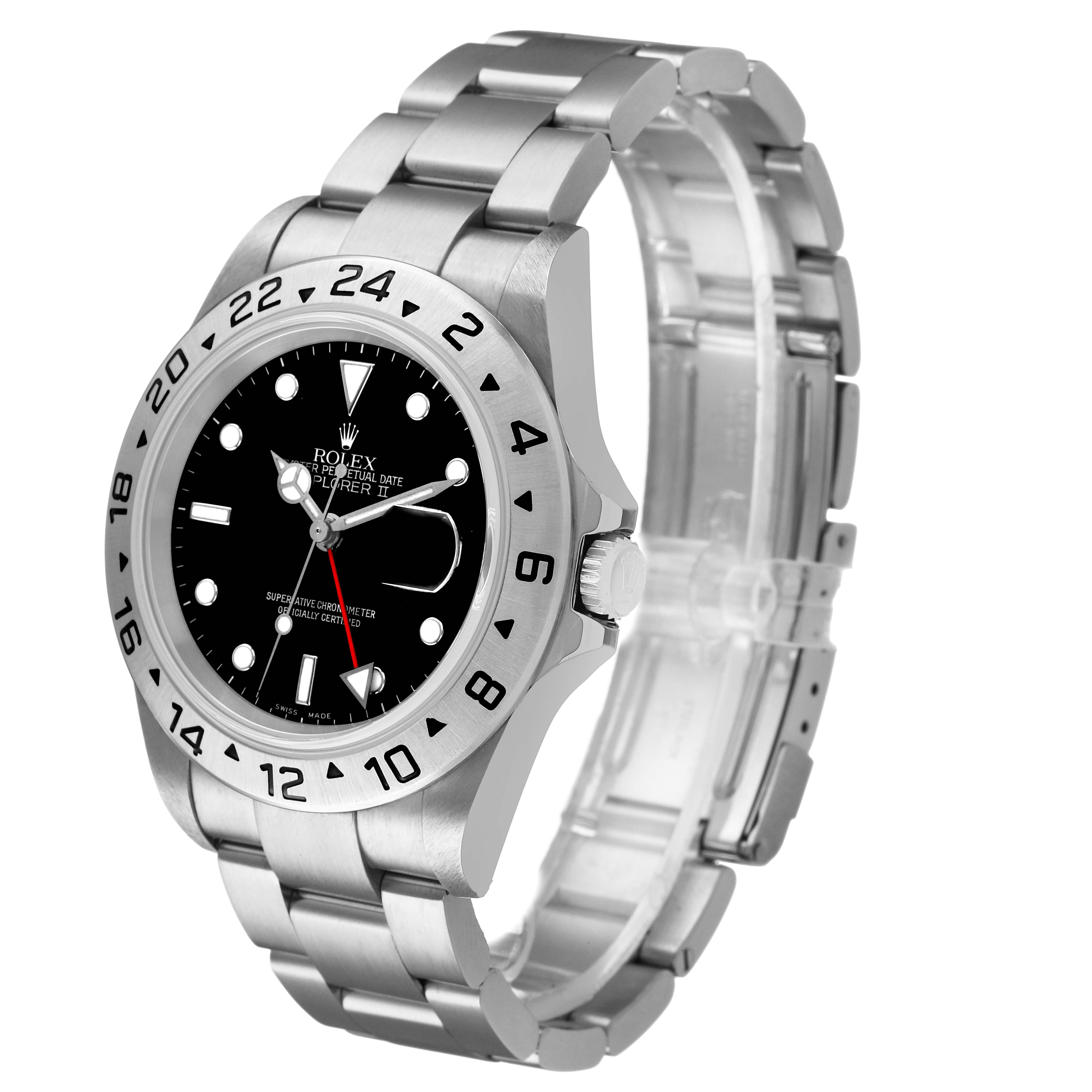 The Rolex Explorer 16570T Men's Stainless Steel Black Dial model is shown at a three-quarter angle, highlighting the face, bezel, crown, and bracelet.