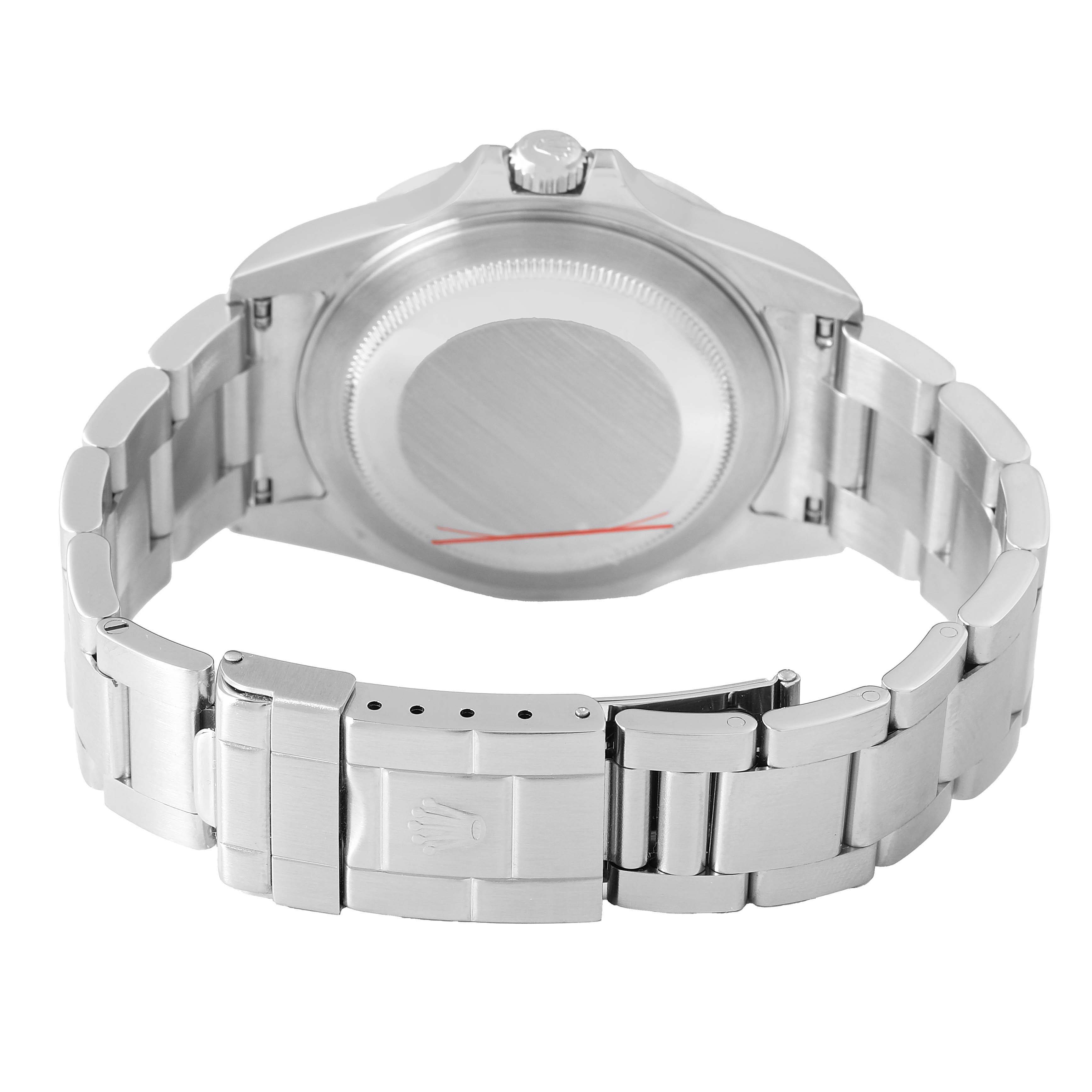 The image shows the back view of the Rolex Explorer 16570T Men's Stainless Steel Black Dial watch, highlighting the case back and bracelet clasp.