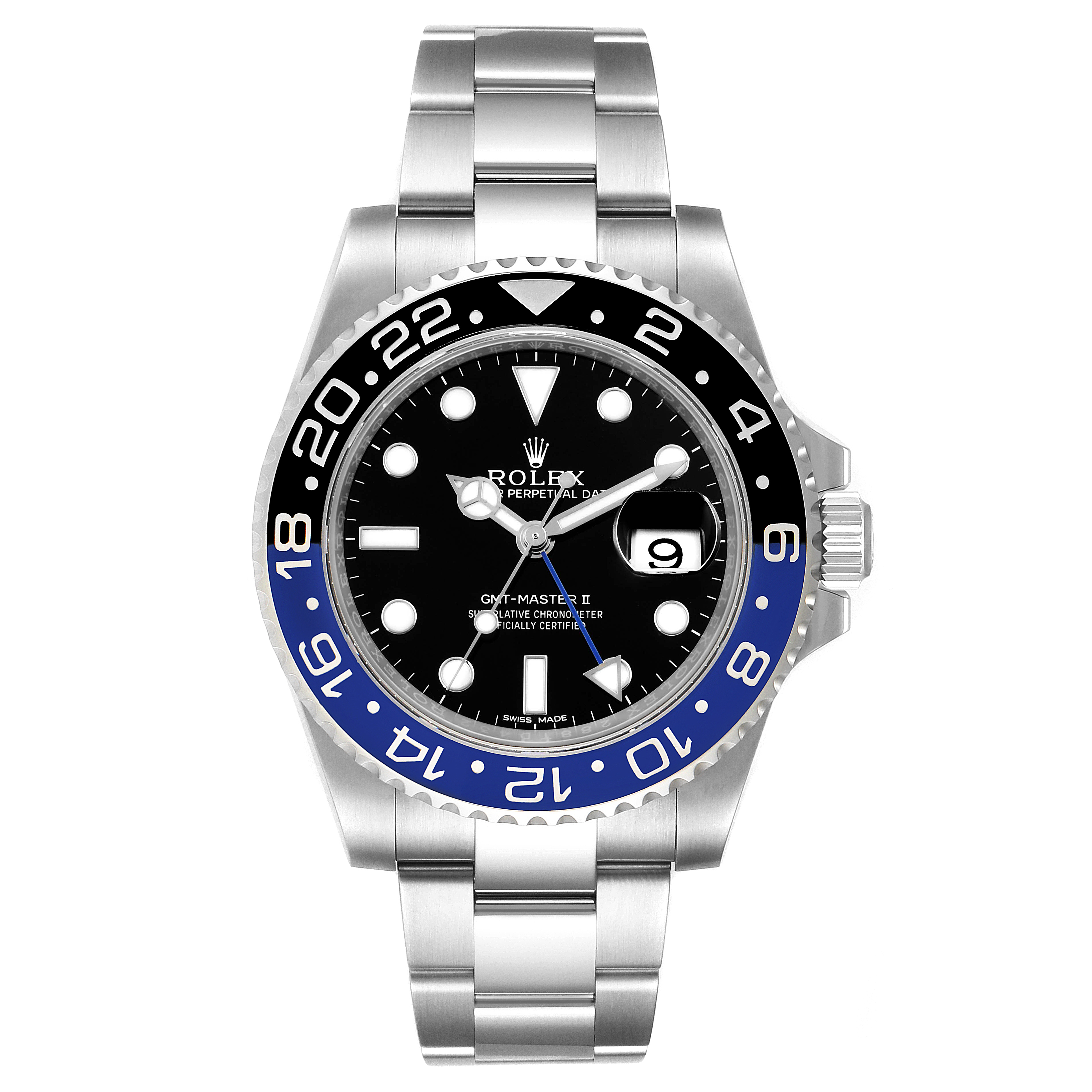 This image shows a front view of the Rolex GMT-Master 116710 Men's Stainless Steel Black Dial 116710 Men's Stainless Steel Black Dial II watch, highlighting its dial, bezel, and bracelet.