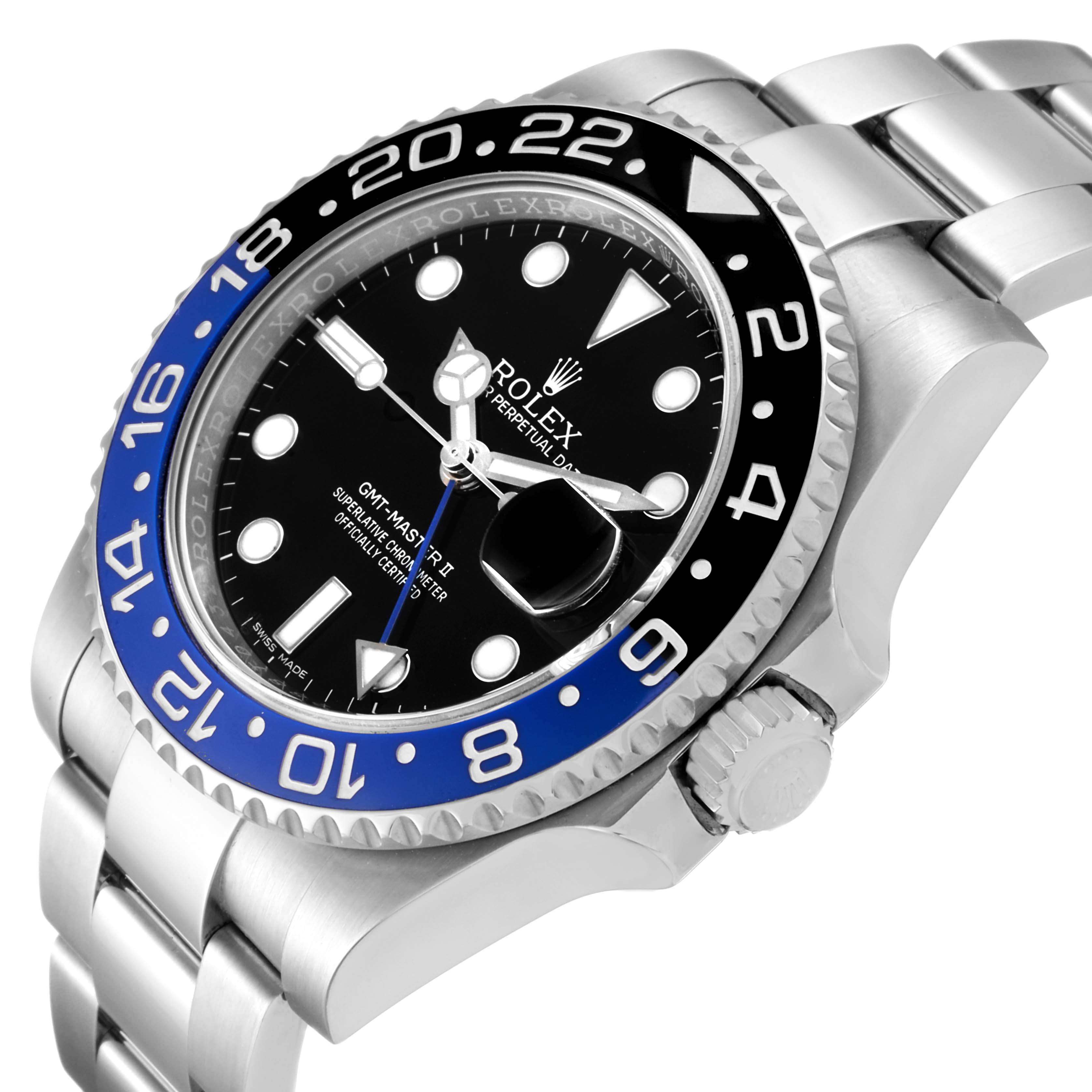 This image shows a close-up angle of a Rolex GMT-Master 116710 Men's Stainless Steel Black Dial 116710 Men's Stainless Steel Black Dial II watch, highlighting the bezel, dial, crown, and part of the bracelet.