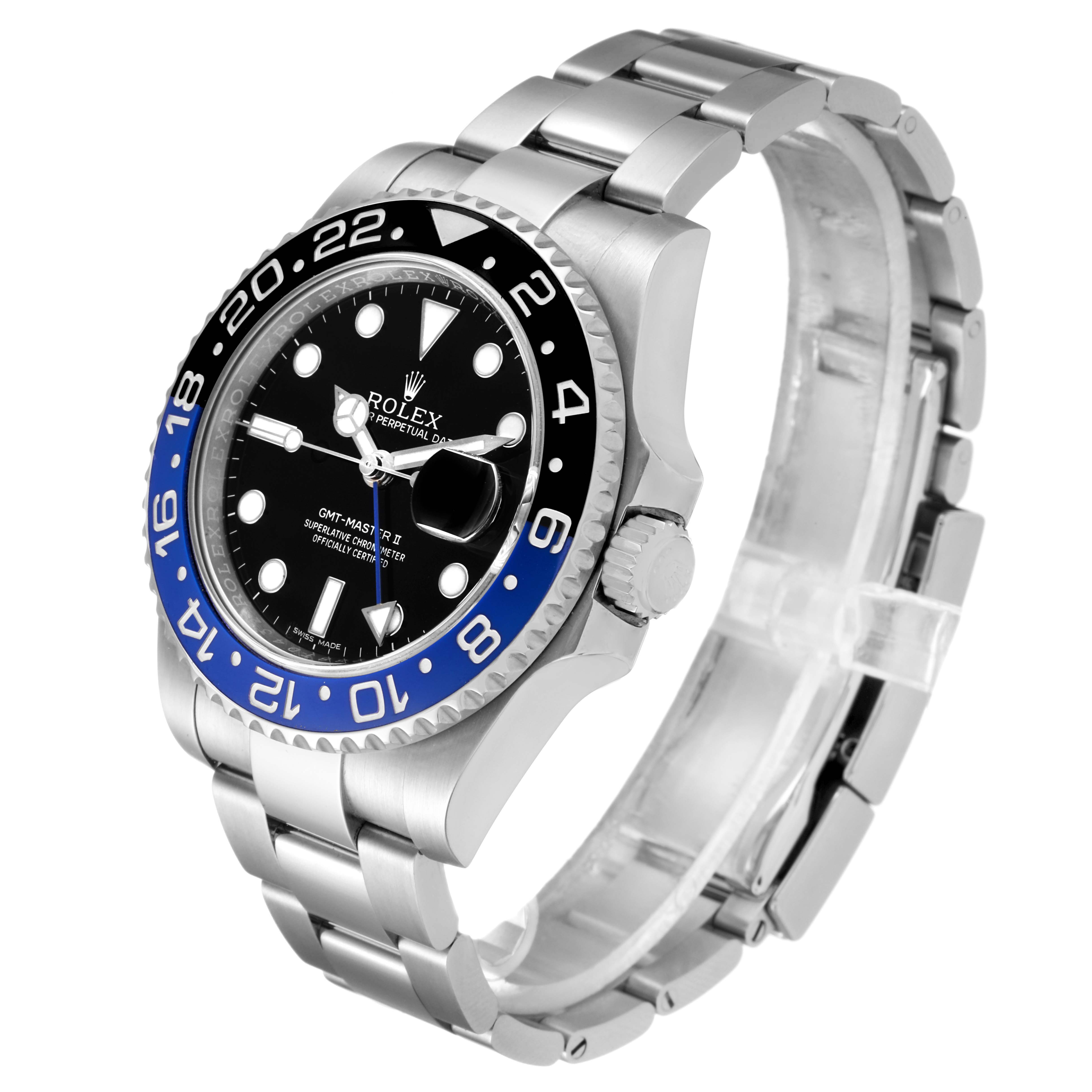 The image shows a Rolex GMT-Master 116710 Men's Stainless Steel Black Dial 116710 Men's Stainless Steel Black Dial watch at a three-quarter angle, highlighting its bezel, case, and bracelet.