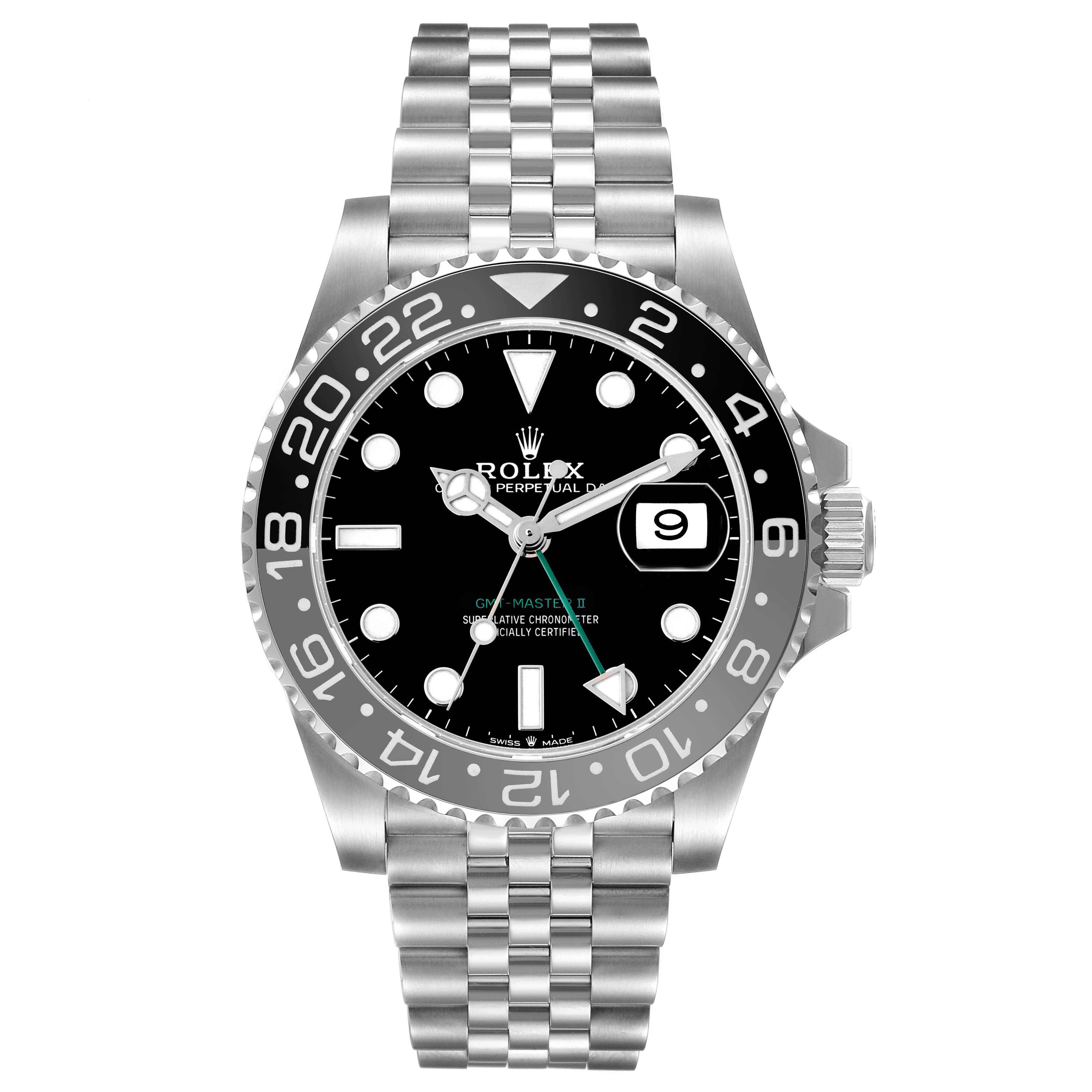 The Rolex GMT-Master 126710GRNR Men's Stainless Steel Black Dial model is shown from the front, displaying the dial, bezel, and bracelet.