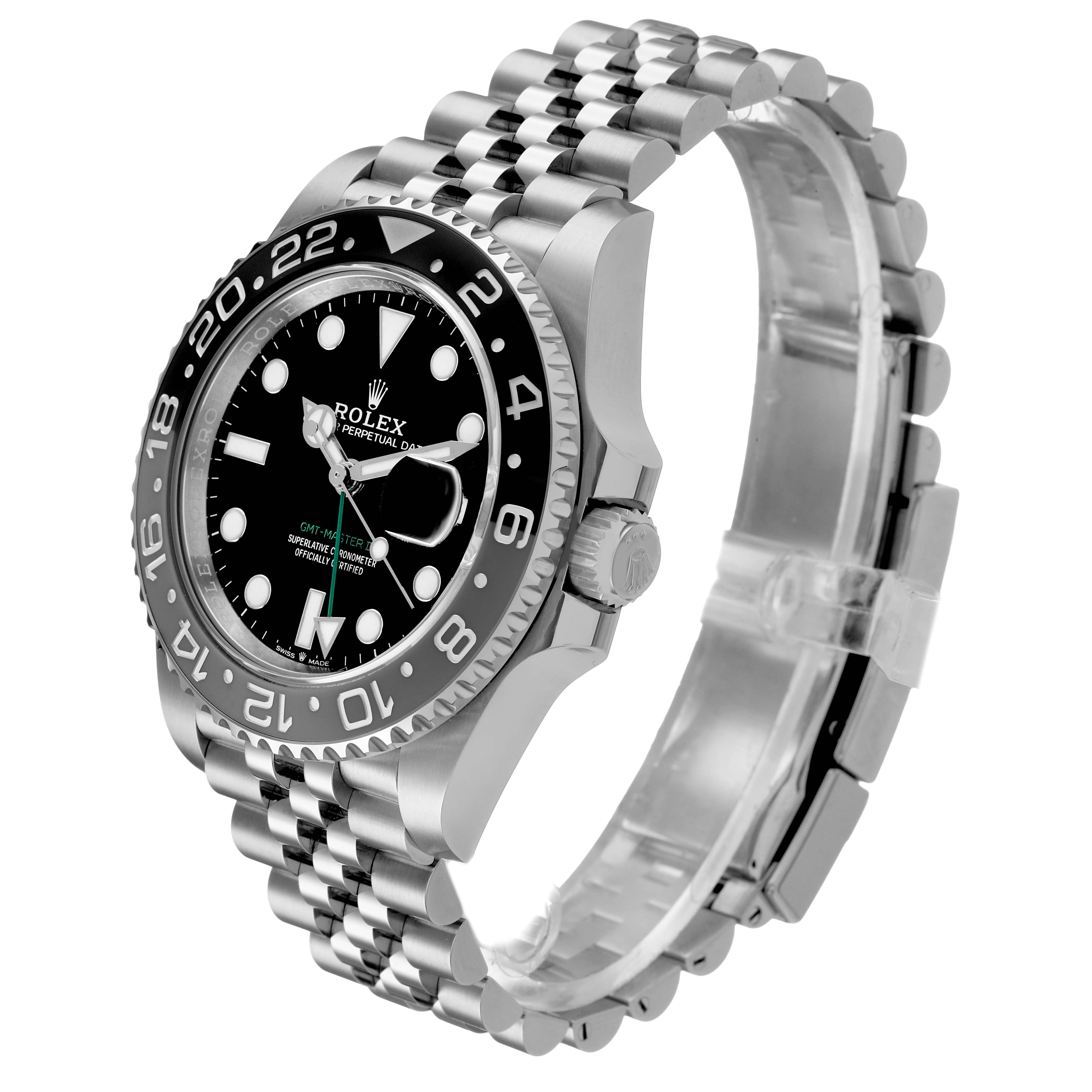 The Rolex GMT-Master 126710GRNR Men's Stainless Steel Black Dial watch is shown at a three-quarter angle, displaying its face, bezel, crown, and jubilee bracelet.