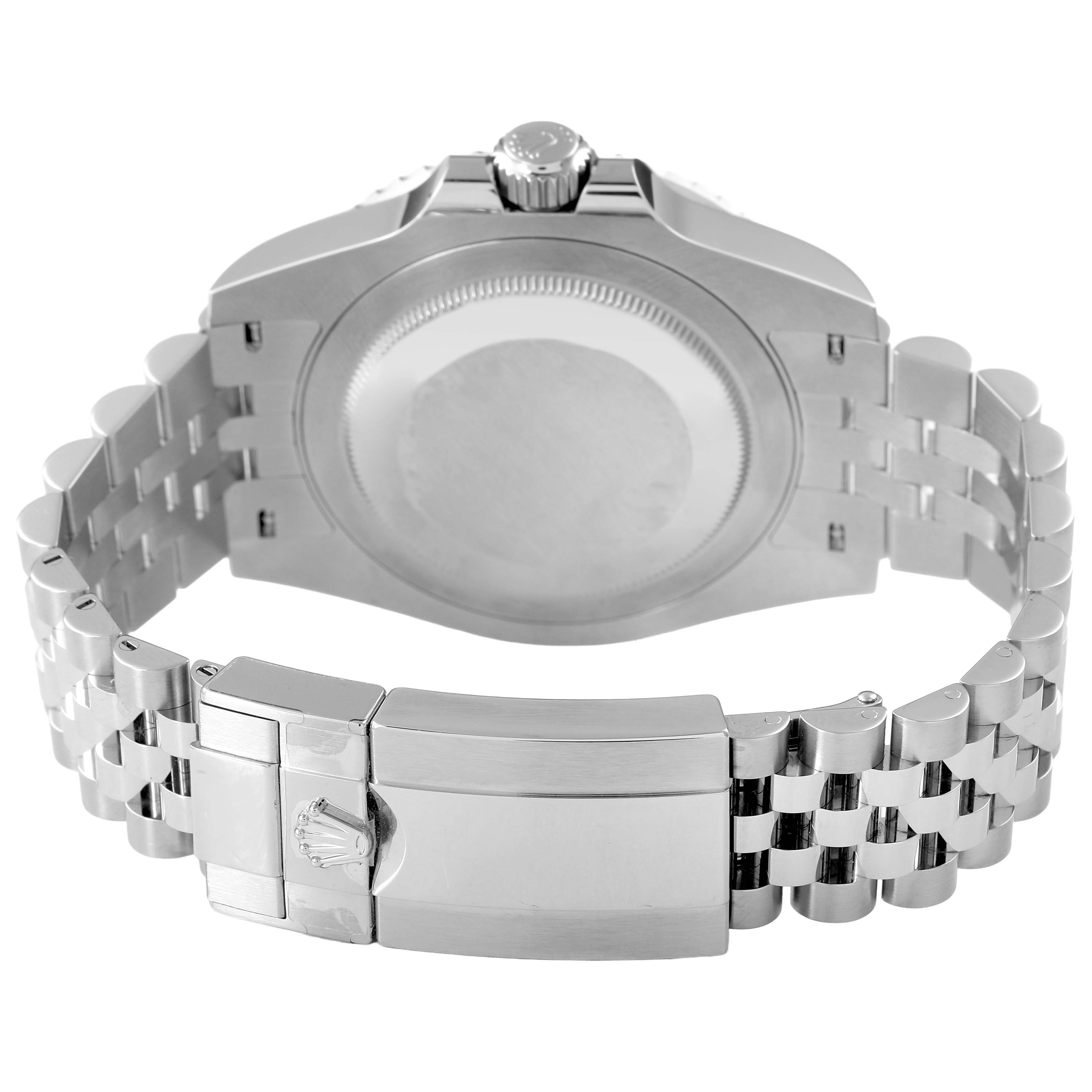 The image shows the back case, bracelet, and clasp of a Rolex GMT-Master 126710GRNR Men's Stainless Steel Black Dial watch.