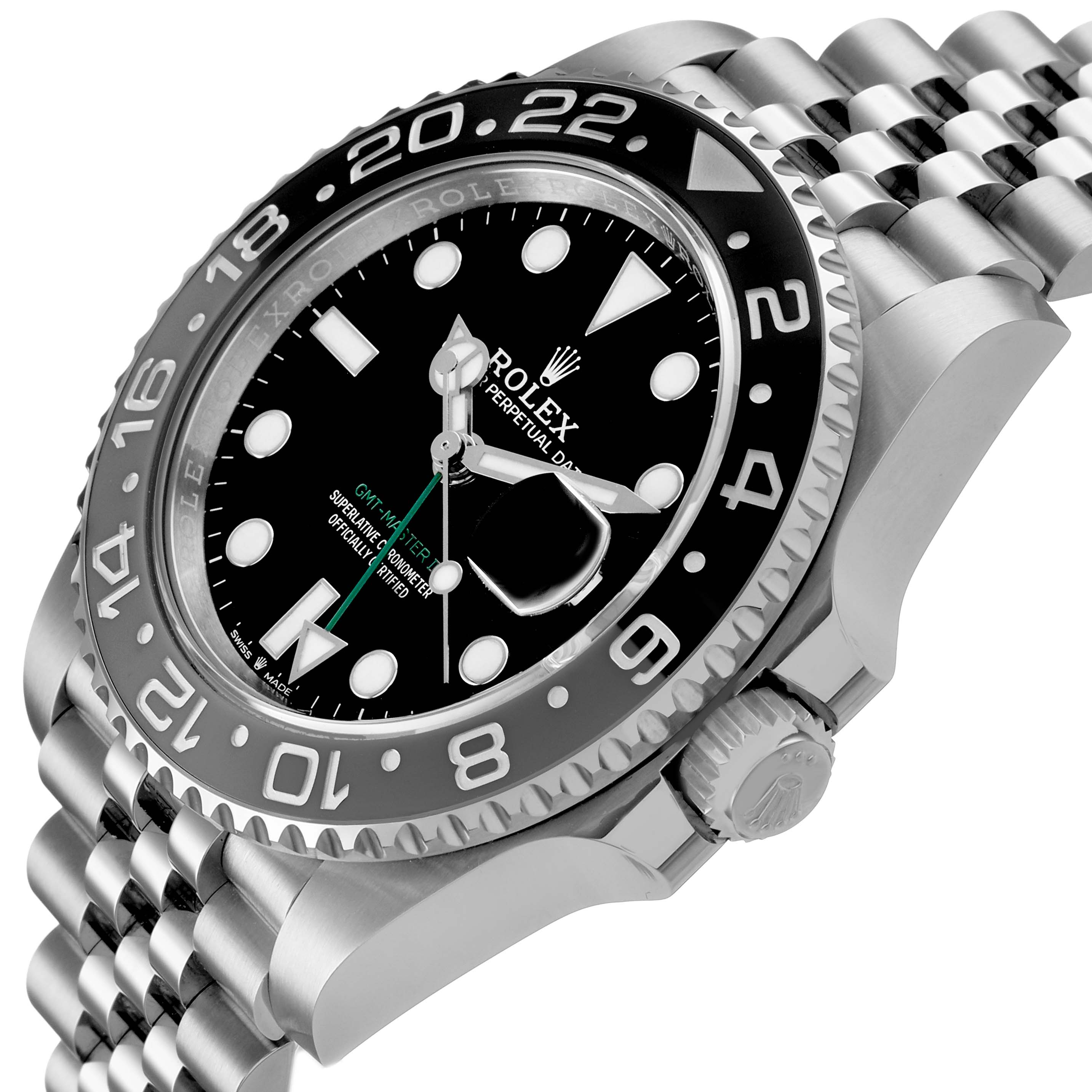 The Rolex GMT-Master 126710GRNR Men's Stainless Steel Black Dial watch is shown at an angled side view, highlighting the bezel, crown, and Jubilee bracelet.